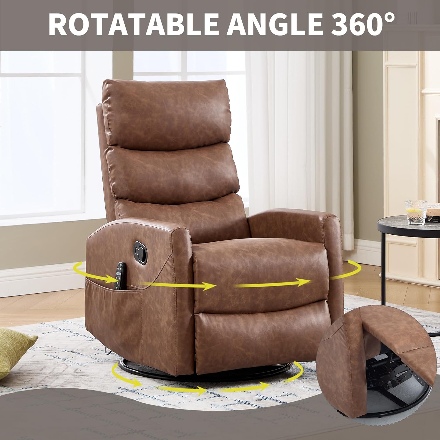 Manual Swivel Rocker Recliner Chair for Adults, Overstuffed Reclining Glider Chair for Nursing with Vibration Massage & Heat, Living Room Rocking Recliner 3-Stage backrest, Faux Leather Yellow Brown