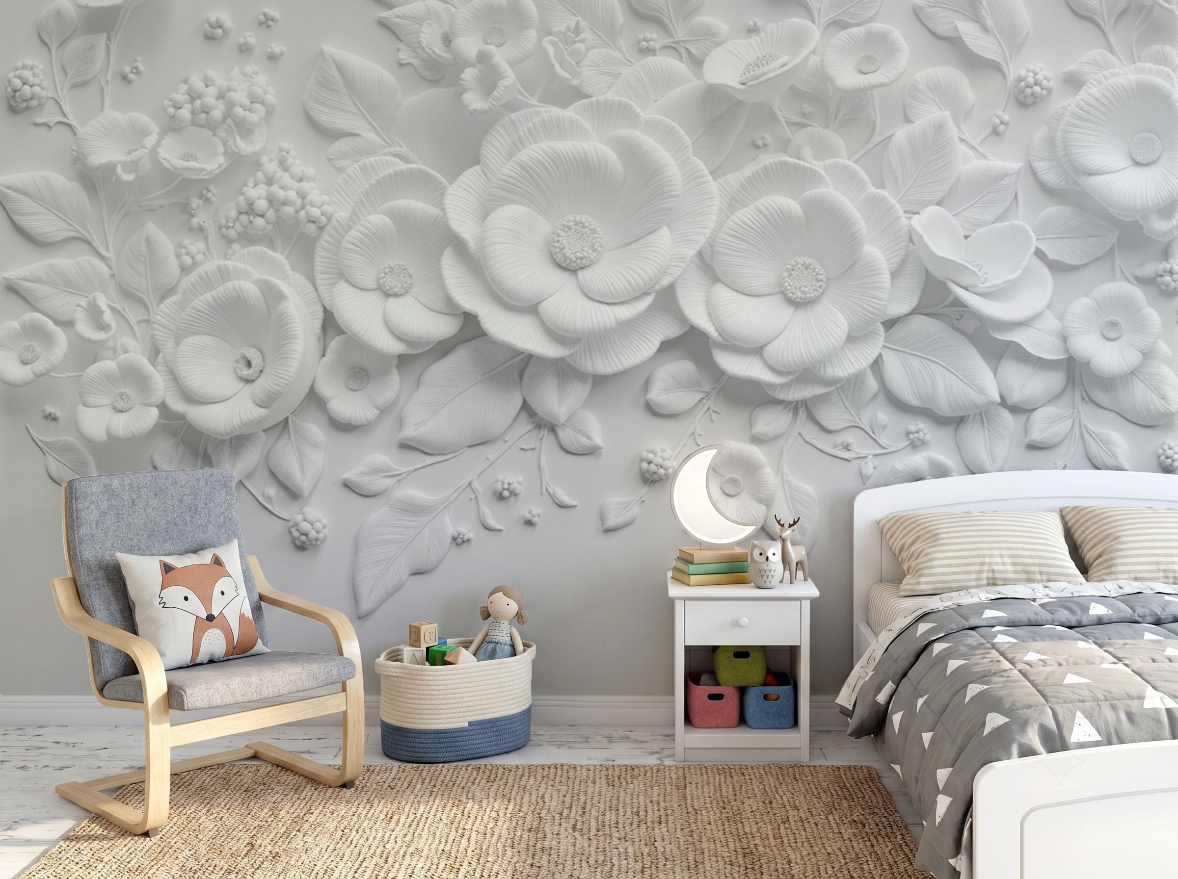 Fototapete Vlies Tapete 3D Effekt Fototapeten Einfarbiges Blumenrelief Vliestapete Einfache Pflanzen Tapeten Weiß Moderne Wandtapete, Wohnzimmer, Tv Hintergrund Deko, 300X210Cm (B×H)