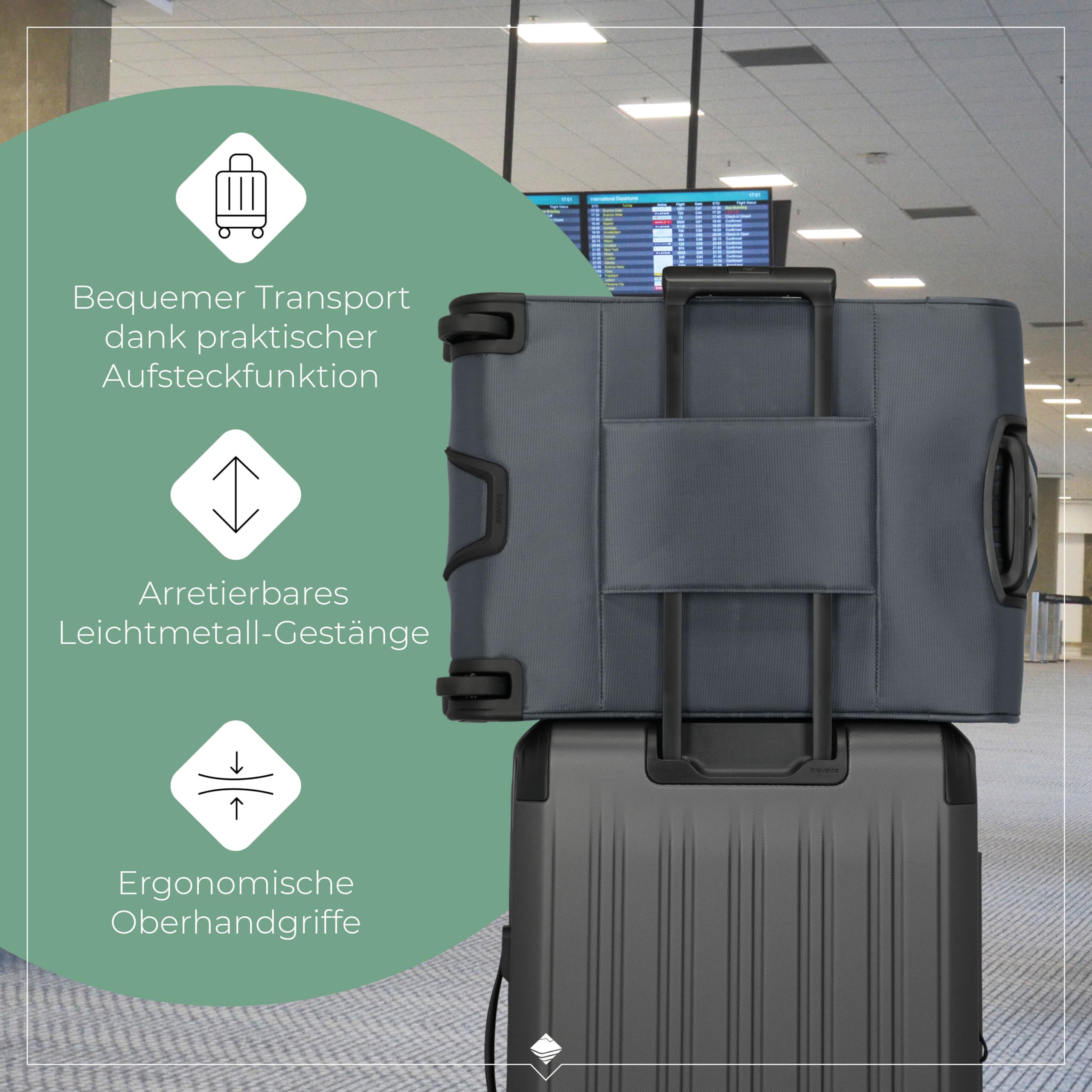 Travelite Jetpack Handgepäck Koffer 55x40x20 cm, für Ryanair & Condor, 1,7 kg, ultraleichtes Weichgepäck, 2-Rollen, Zahlenschloss, aufsteckbarer Trolley