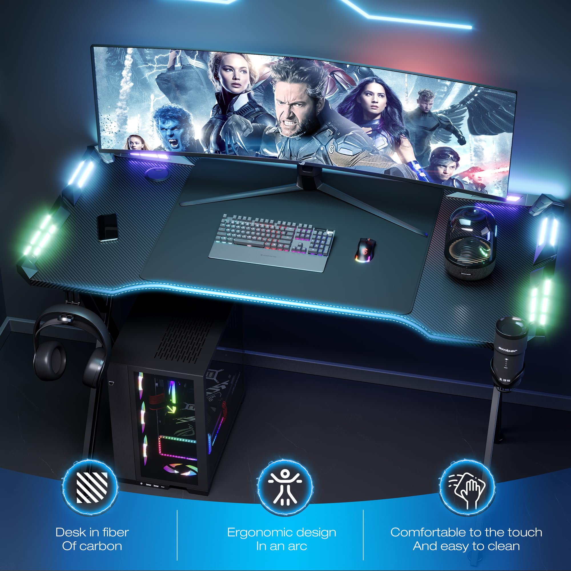 XMTECH 120 x 60 cm Gaming Schreibtisch, LED Gaming Tisch PC Tisch, X Rahmen mit Kohlefaseroberfläche Stabil, Gamer Tisch mit Getränkehalter und Kopfhörerhaken, Schwarz