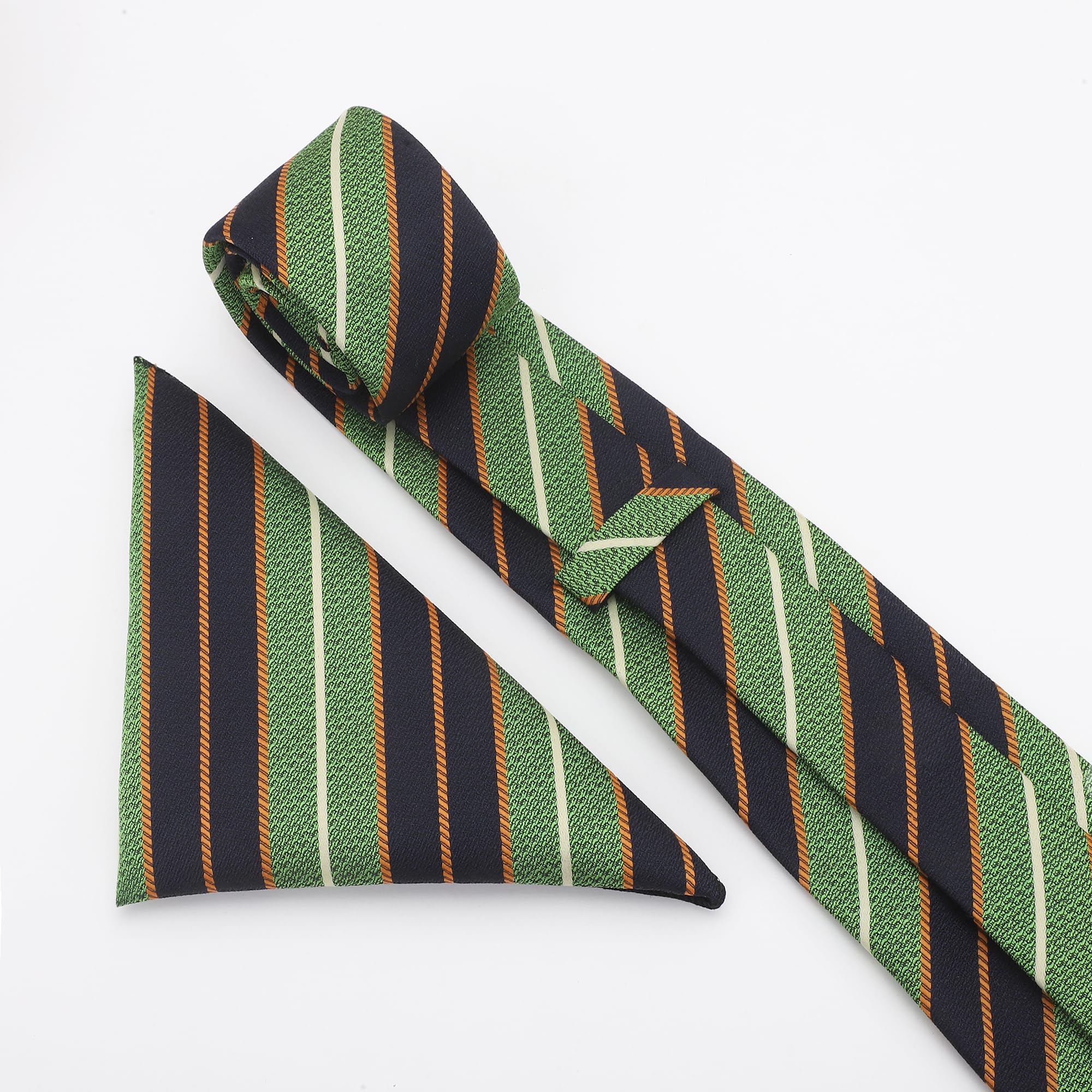 THE DELHI LOOM Emerald Enigma – Men’s Micro Silk Woven Jacquard Green, Navy & Orange Striped Tie & Pocket Square with Wooden Gift Box, Perfect for Weddings, Gifting - Image 5 thumbnail