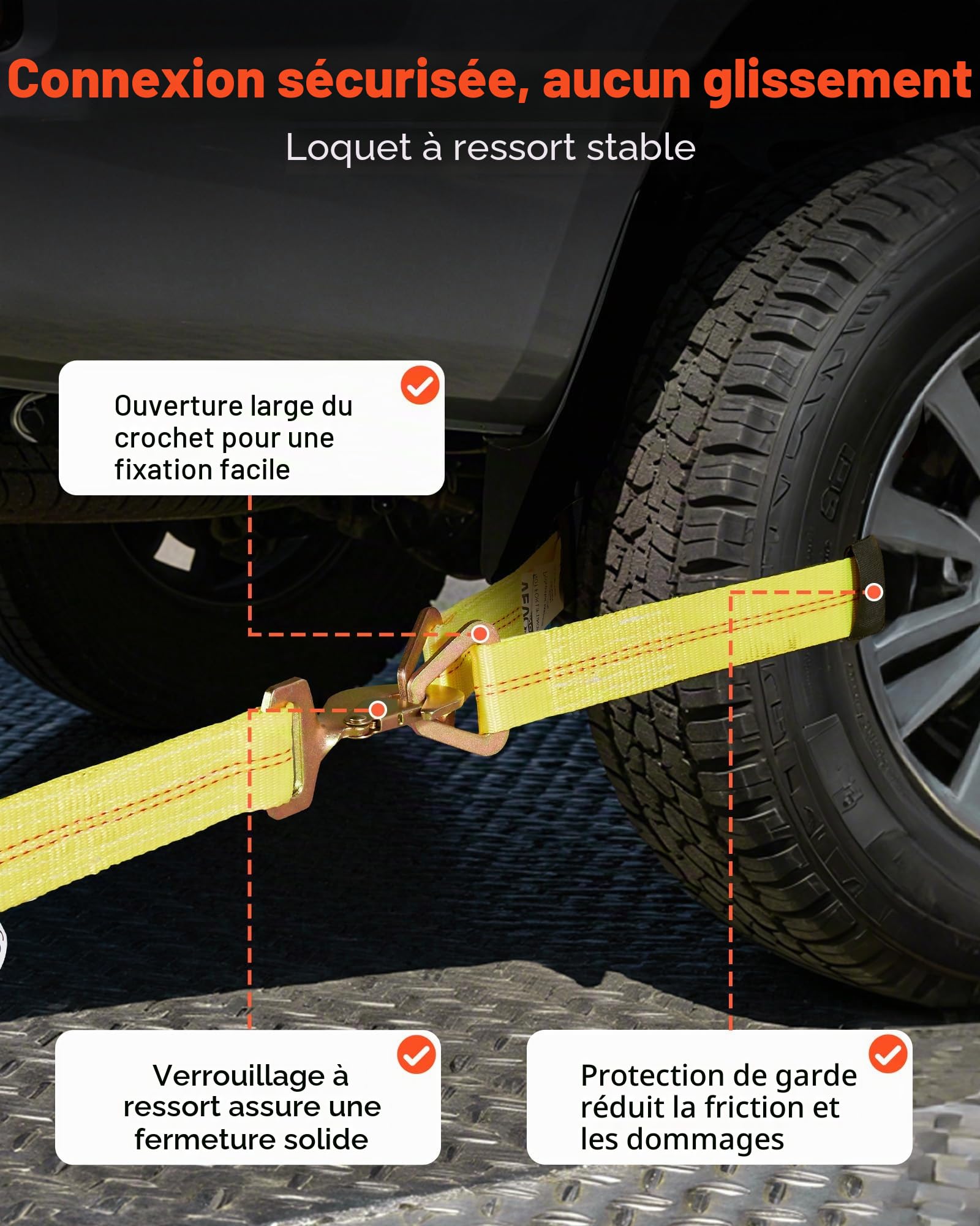 VEVOR Kit d’Arrimage de Roues, Sangles à Cliquet de Type Essieu, Capacité de Charge de 1512 kg, Résistance à la Rupture de 4540 kg, Sangle d’Arrimage pour VTT UTV Camion SUV Remorque Pick-up, Jaune