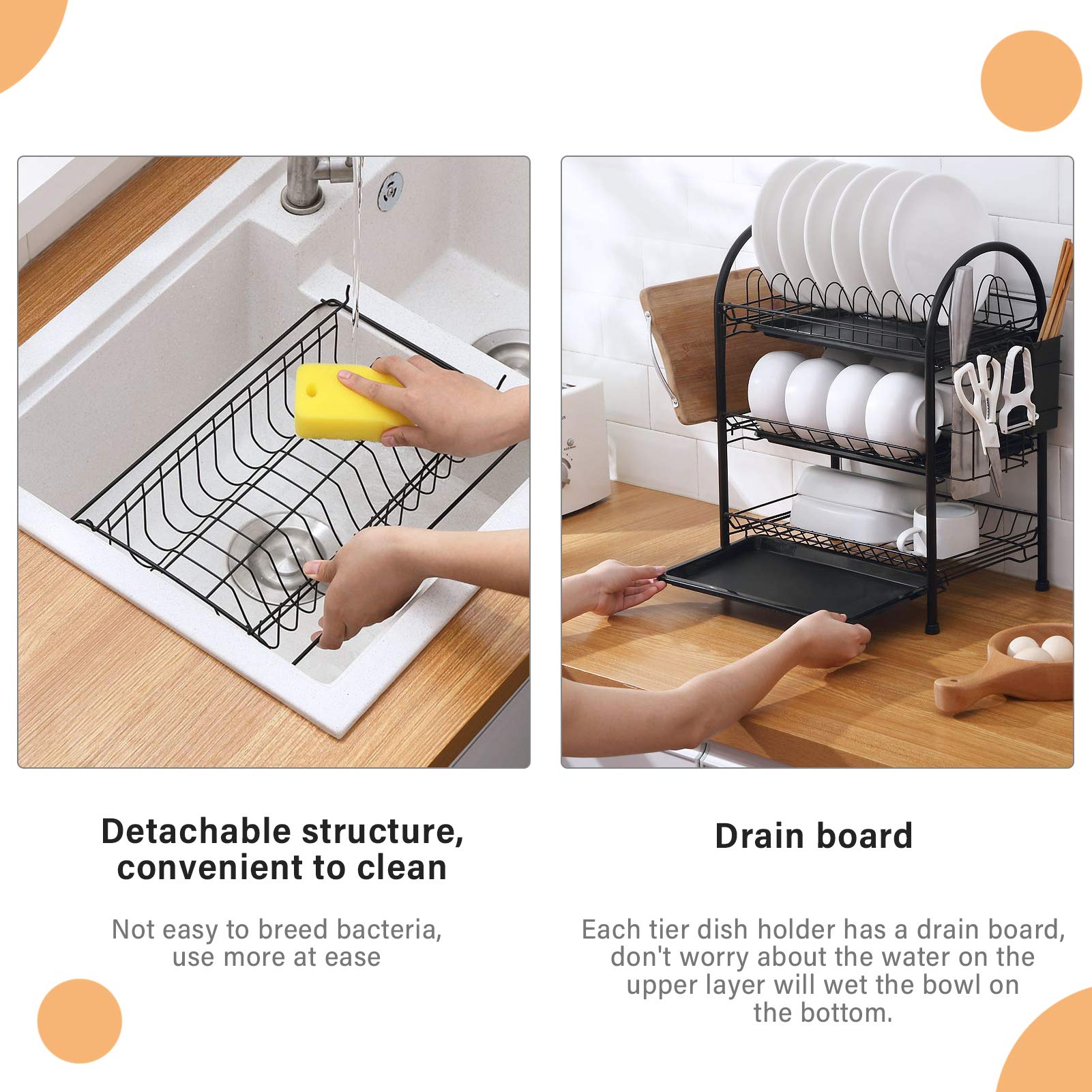 Pongnas Rejilla para Secar Platos, Rejilla para Platos con Diseño en Forma de U Rejilla para Secar Platos Grande de 3 Niveles para Encimera de Cocina para Platos, Tazas y Tablas de Cortar