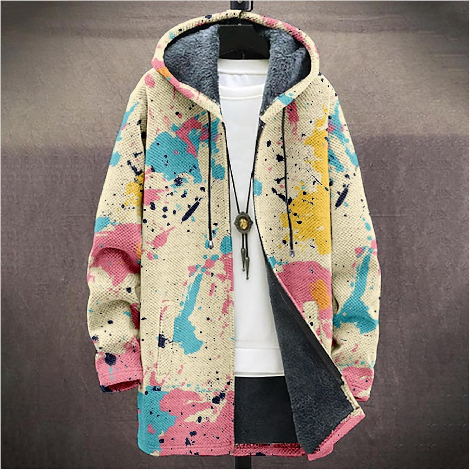Mens Long Cardigan Hoodies Geometric Hooded Jacket Open front Knitted Sweater Hoodie with Pockets Winter Coats - Image 3