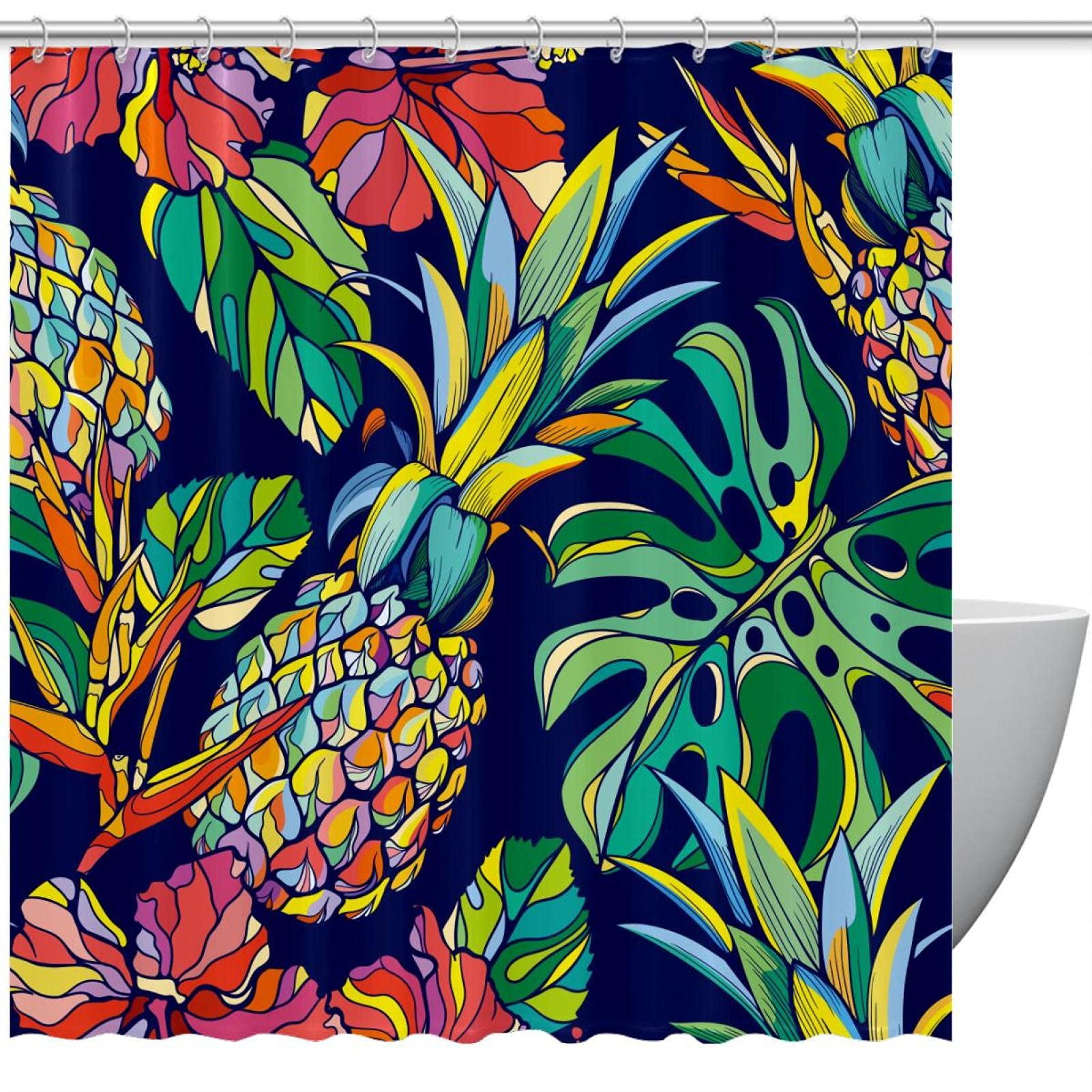 Rideau de douche bleu marine imprimé ananas imperméable lavable en machine 183x183