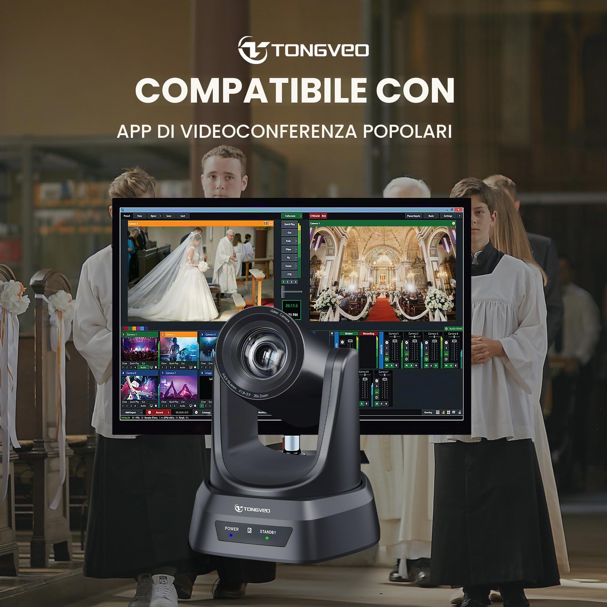 TONGVEO HDMI 20X PTZ Camera per sale conferenze con microfono Bluetooth, videocamera USB 3.0 60fps Collaborazione per l'istruzione Streaming in chiesa per team, Zoom, PC (UVC1.1)