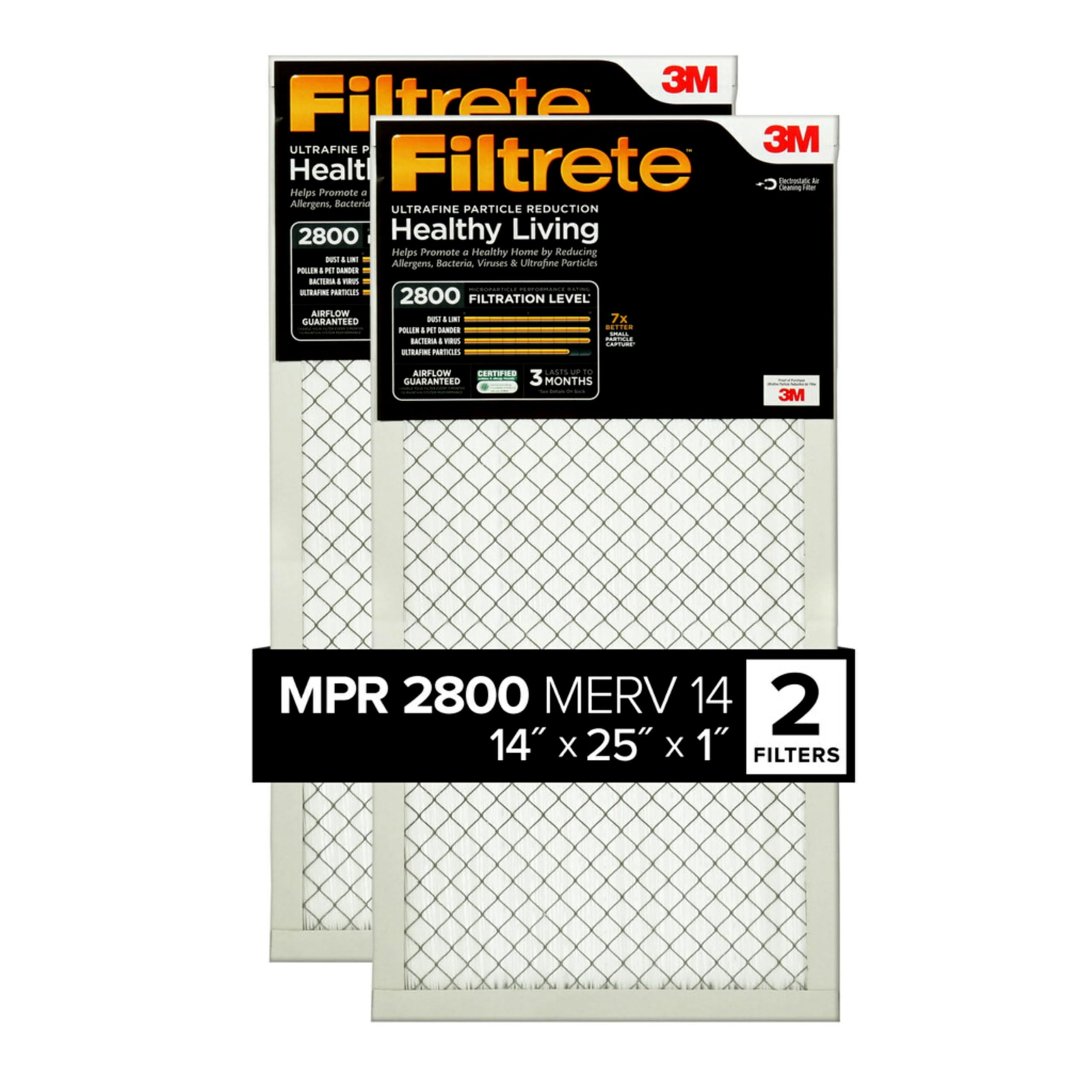 14x25x1 Air Filter, MPR 2800, MERV 14, Healthy Living Ultrafine Particle Reduction 3-Month Pleated 1-Inch Air Filters, 2 Filters