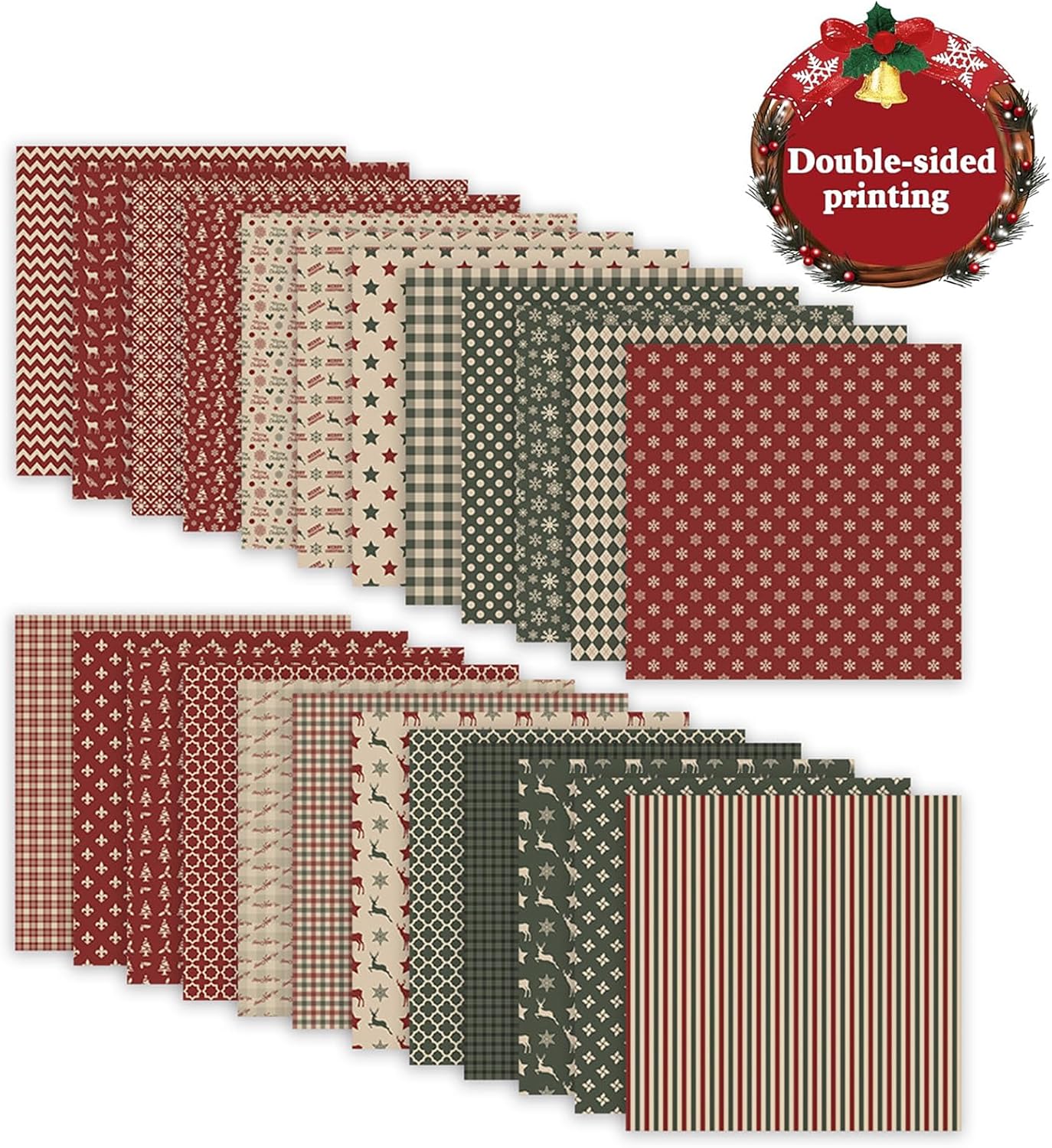 12x12'' Christmas Scrapbook Paper, 24 Sheets Double-Sided Red Green Textured Decorative Paper for Card Making, Junk Journals, Photo Albums | 160gsm Festive Craft Supplies (Christmas Day I, 12x12 in)