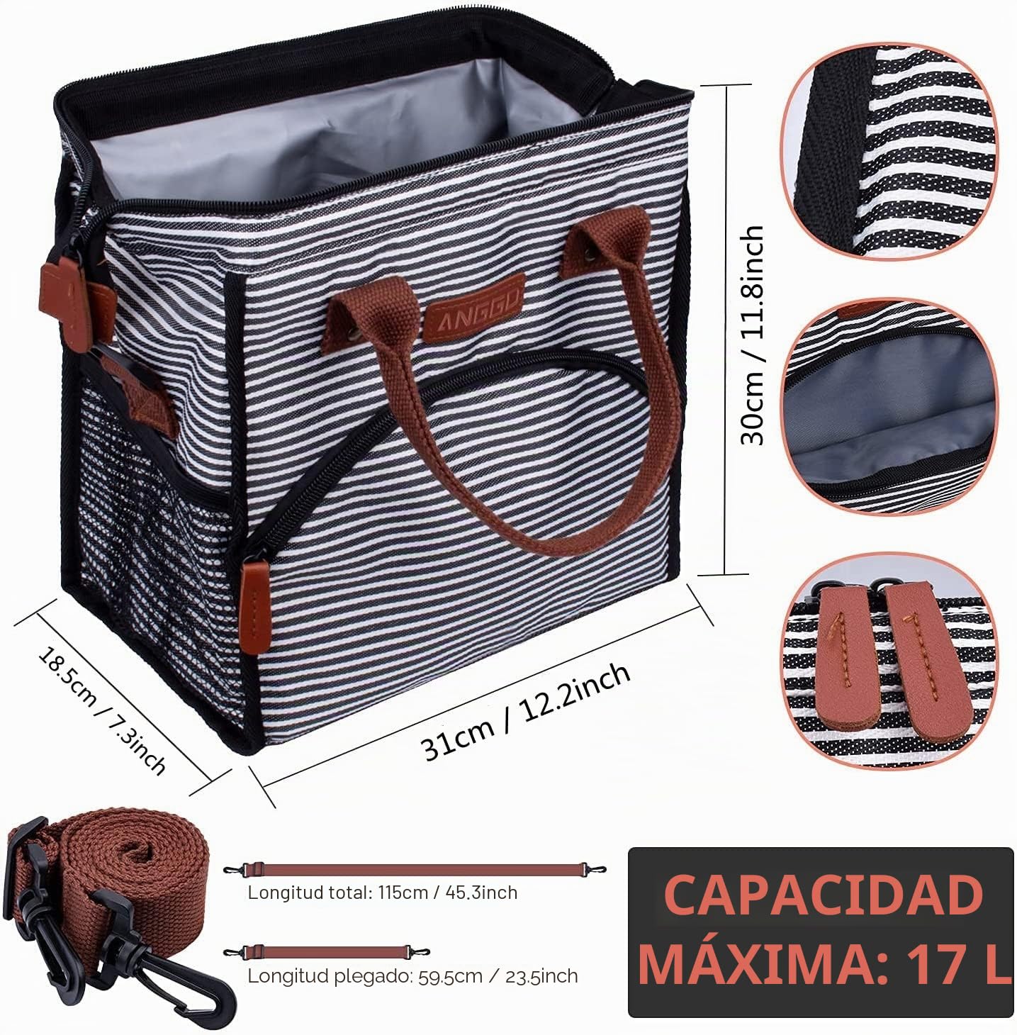 Bolsa Térmica Porta Alimentos, Porta de Comida Trabajo, Portatil Lunch Bag, Porta de Comida con Forro Plástico Aislamiento Térmico para Fiestas,Picnics,Cámping, Barbacoa-Rayas