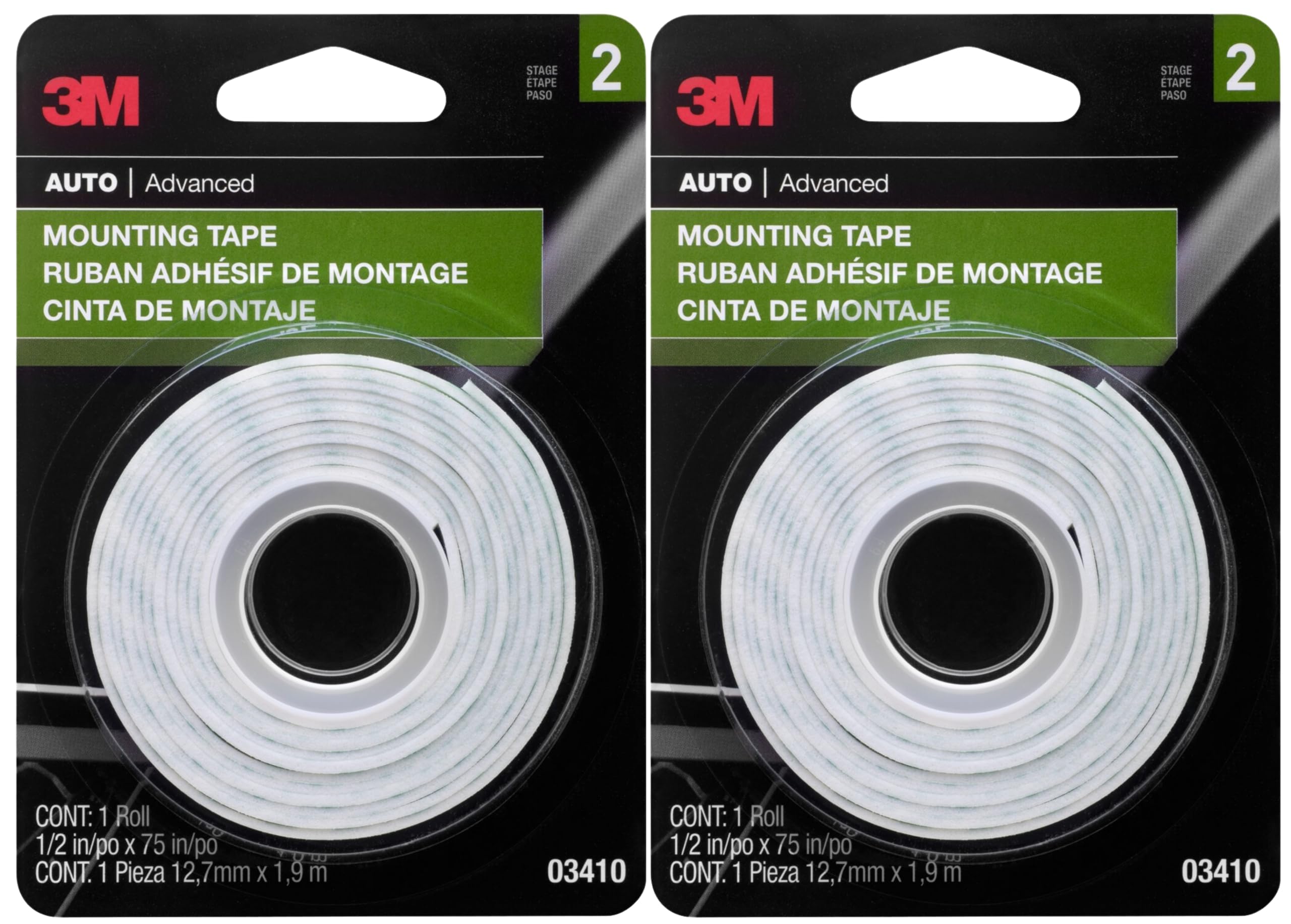 3M Mounting Tape 2-Pack, White Foam, 1/2 in x 75 in per Roll (150 in Total), Multipurpose Permanent Double-Sided Foam Tape for Automotive Interior and
