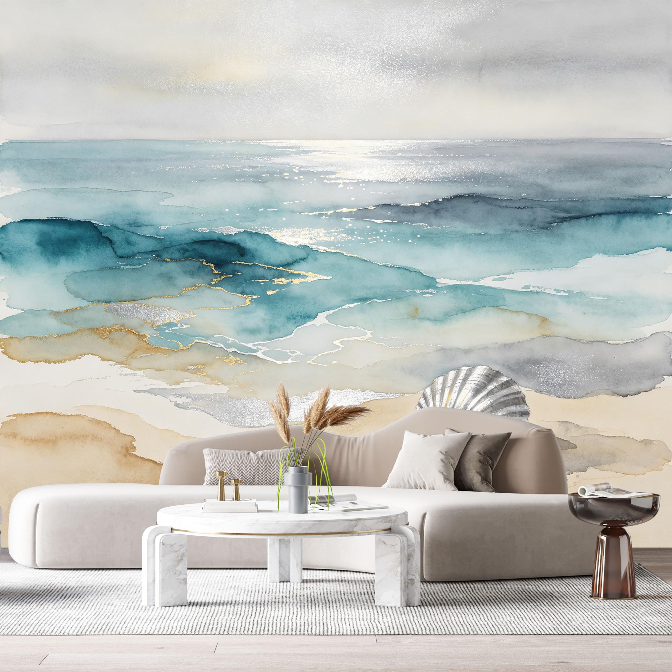 Custom Size Wall Murals Coastal Ocean Marine Watercolor Seashell Sand Beach SelfAdhesiveWall Fabric Removable Wallpaper Wall Decor for Living Room Bedroom Bathroom