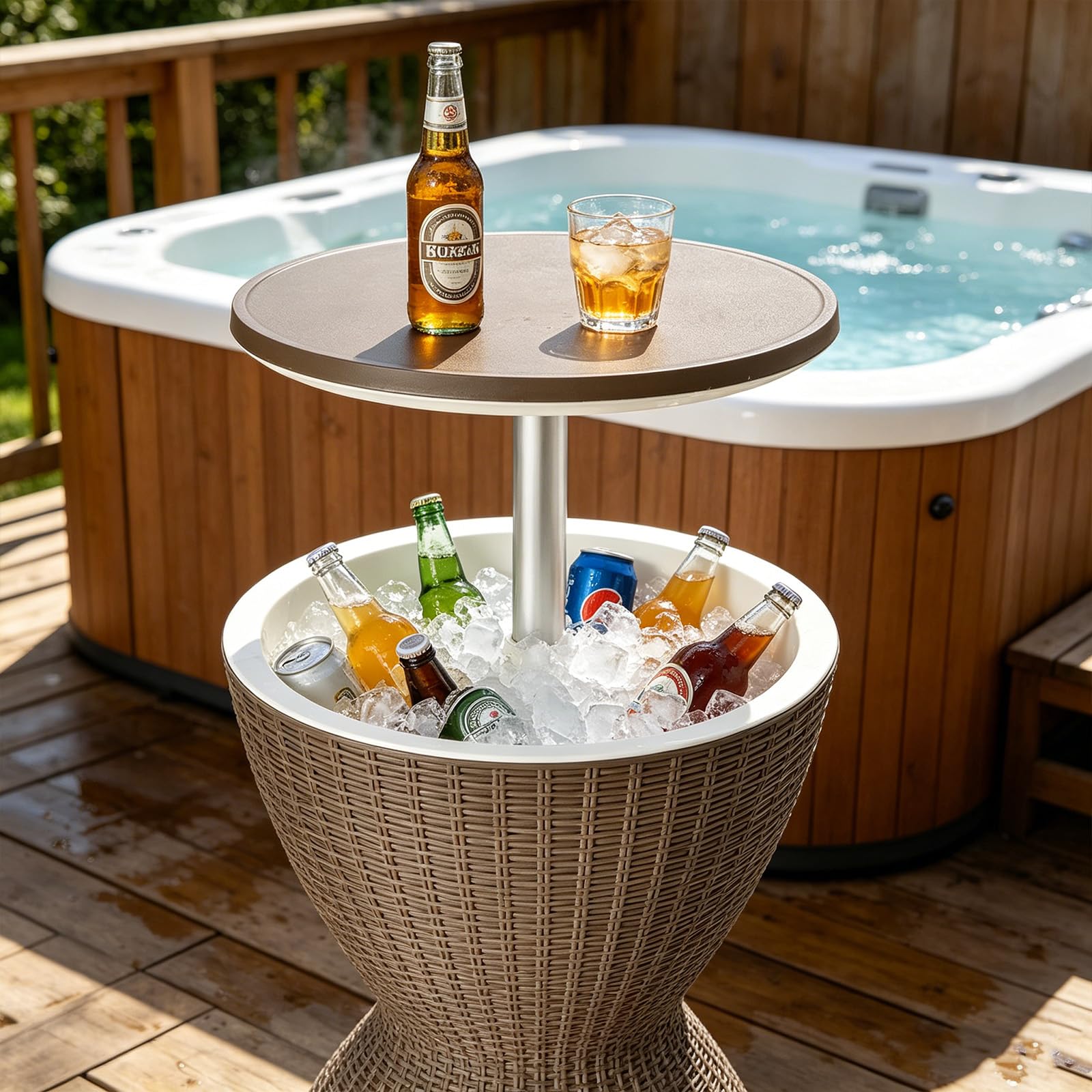 GYMAX Cool Bar 30L, 3-in-1 Beistelltisch mit ausziehbarer Tischplatte für Getränke & Snacks, Getränkekühler in Rattan-Optik, Bier- & Weinkühler für Garten, Terrasse & Balkon (Braun)