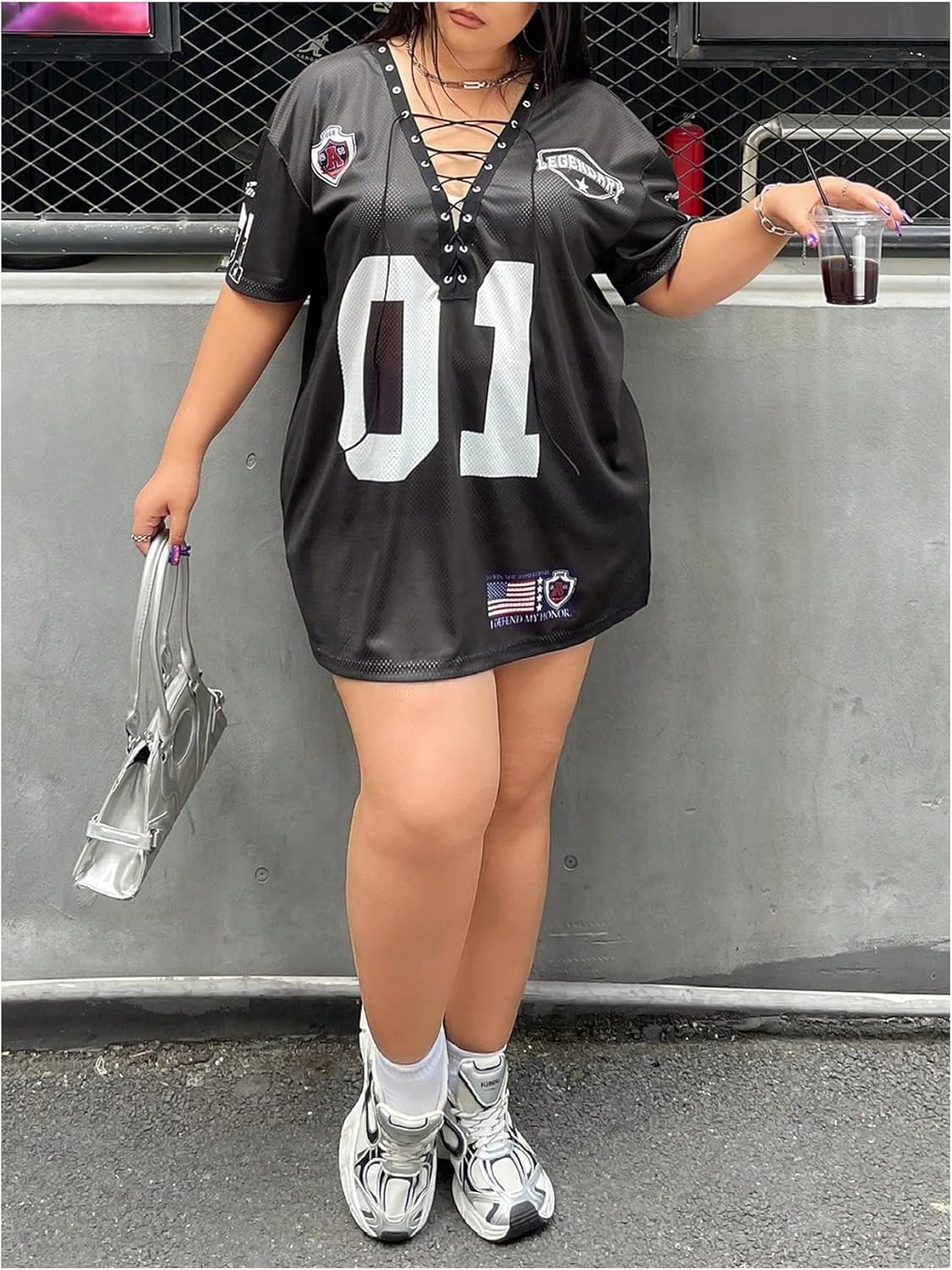 SOLY HUX Women's Plus Size Jersey Lace Up V Neck Short Sleeve T Shirts Number Graphic Tee Tops Streetwear - Image 5