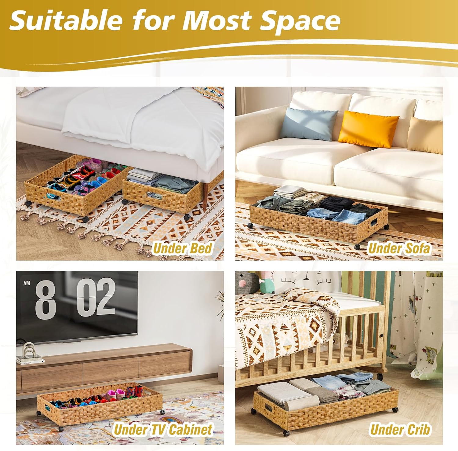 Under Bed Storage Containers with Wheels, 2 Pack 31.5in / 35L Handmade Rattan Underbed Organizer Drawer, Tool-free Assembly Rolling Under Bed Storage Bins for Shoes Clothes Toy Book