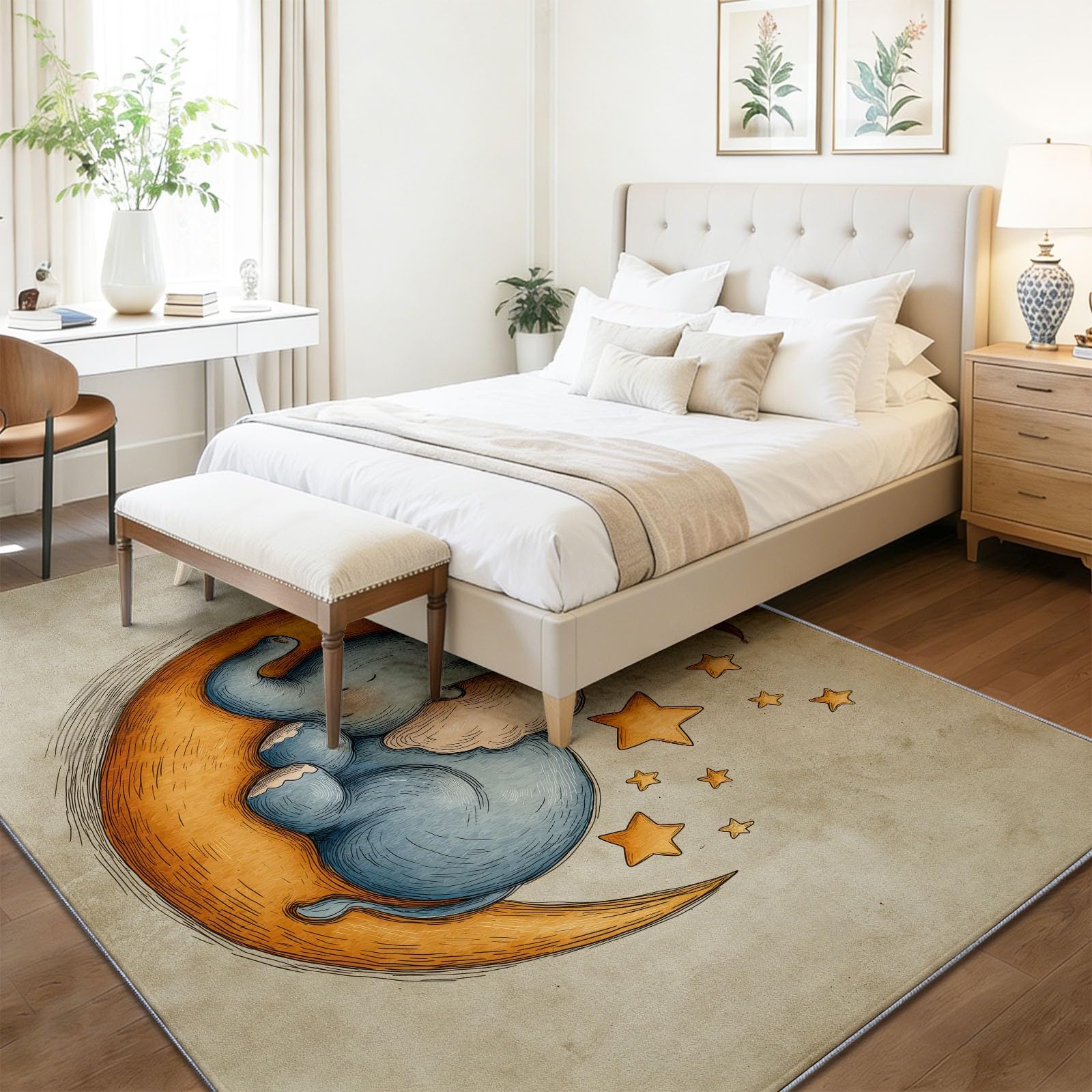 Dywan z kreskówek, słoń, księżyc, do salonu, 160 x 230 cm, mały dywan z krótkim włosiem, miękki, antypoślizgowy, nadaje się do prania, dywanik nocny, do sypialni, jasnobrązowy