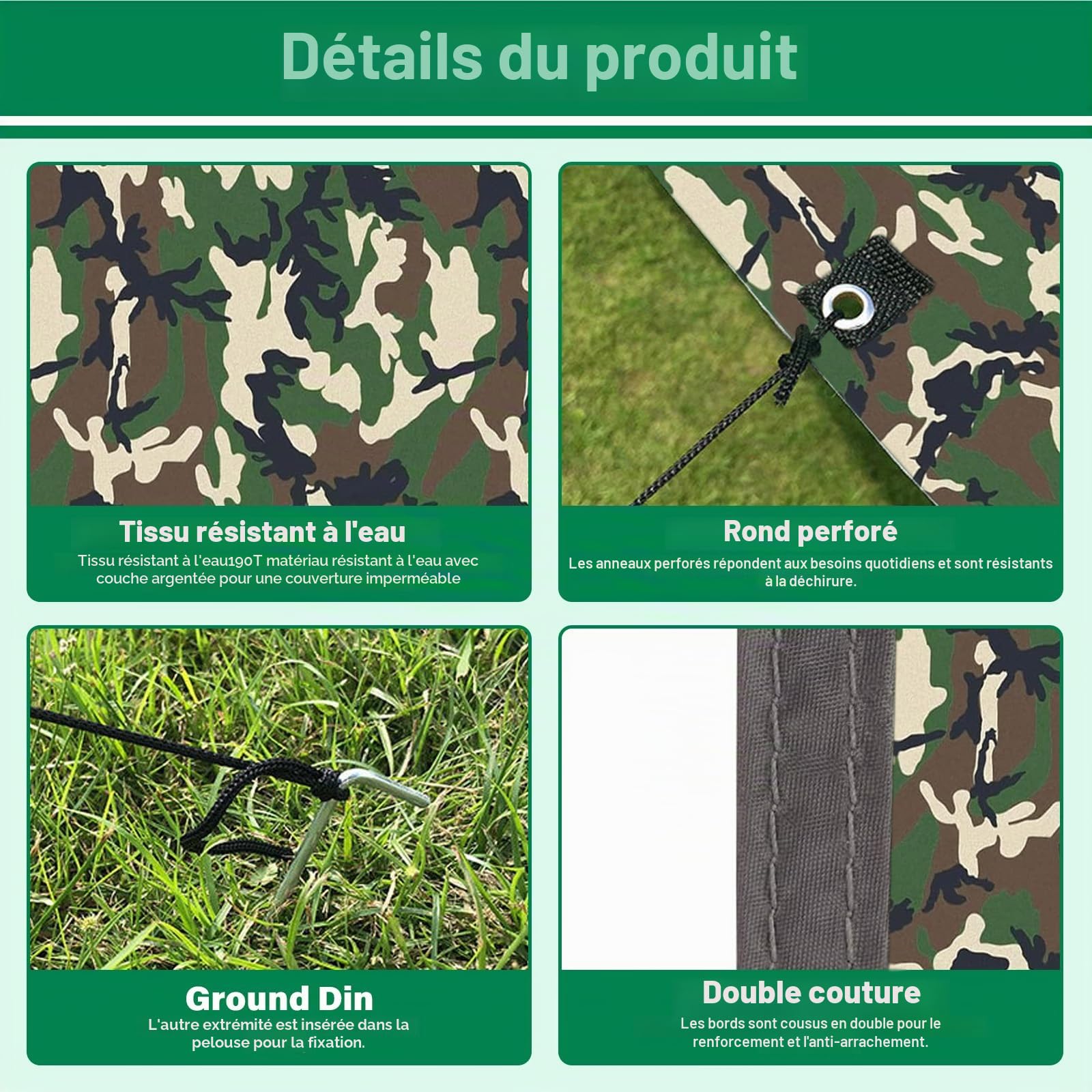 3x3M Camping Bâche, Tarp Ultra Léger, Tarp Bivouac Anti UV Ripstop, avec Oeillets, 6 Piquets en alu, 6 Cordes, pour Bivouac, Randonnée, Trekking, Hamac, Auvent Van Fourgon