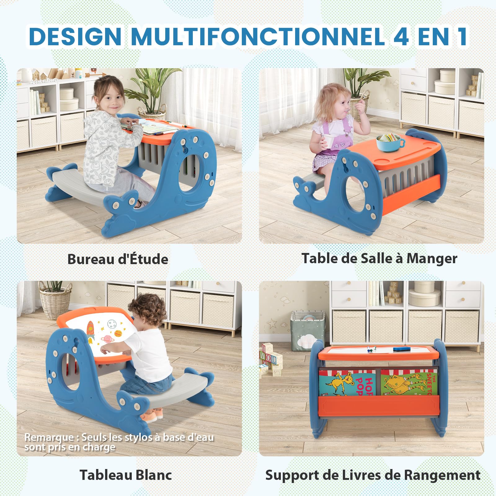 COSTWAY 4 en 1 Table Enfants en Forme Baleine avec Plateau Double Face