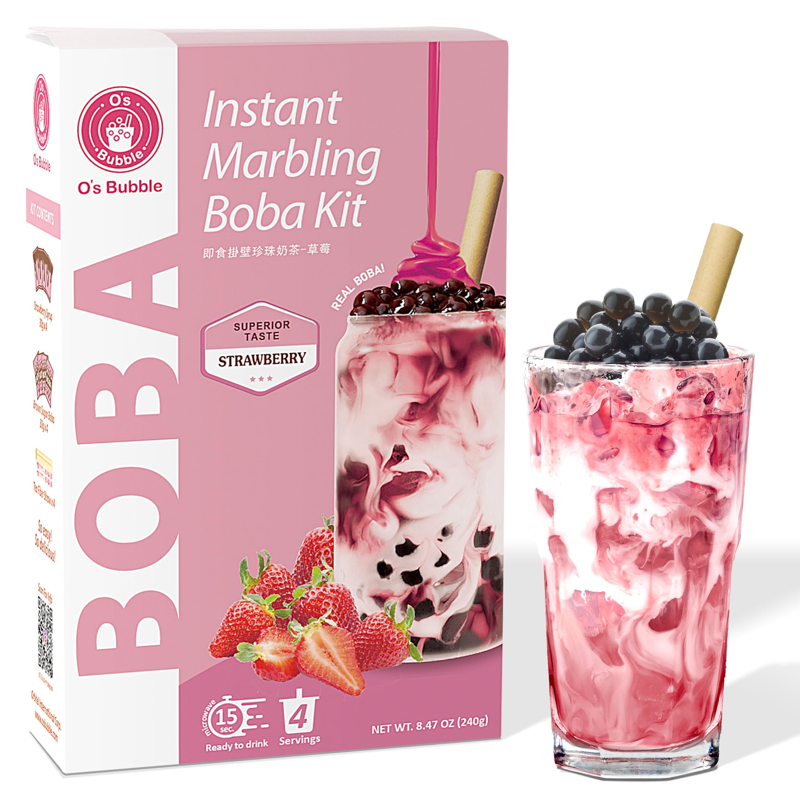 Instant Boba Kit Marbling Boba Kit | boba tea kit | Tapioca pearl | Marbling Syrup | Non-Dairy | Shelf Stable | Vegan | Gluten-Free | Strawberry (Pack of 4)