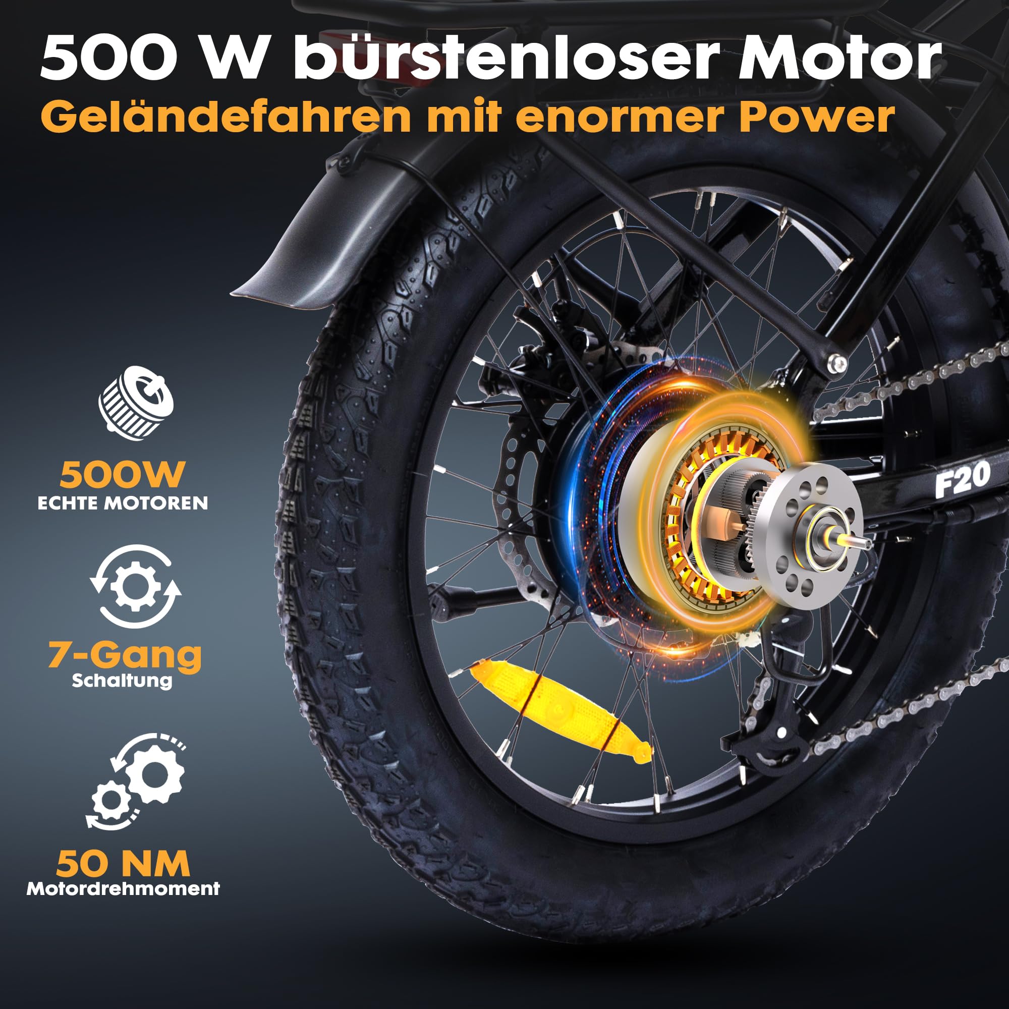 Bodywel F20 E Bike Herren Damen, 20x3.0“ E Fatbike Tiefeinsteiger Elektrofahrrad City Mountain,70-80km Reichweite, 48V 15Ah Akuu, 250W Heckmotor, 4,5“ LED Display, 7-Gang-Getriebe, Federgabel