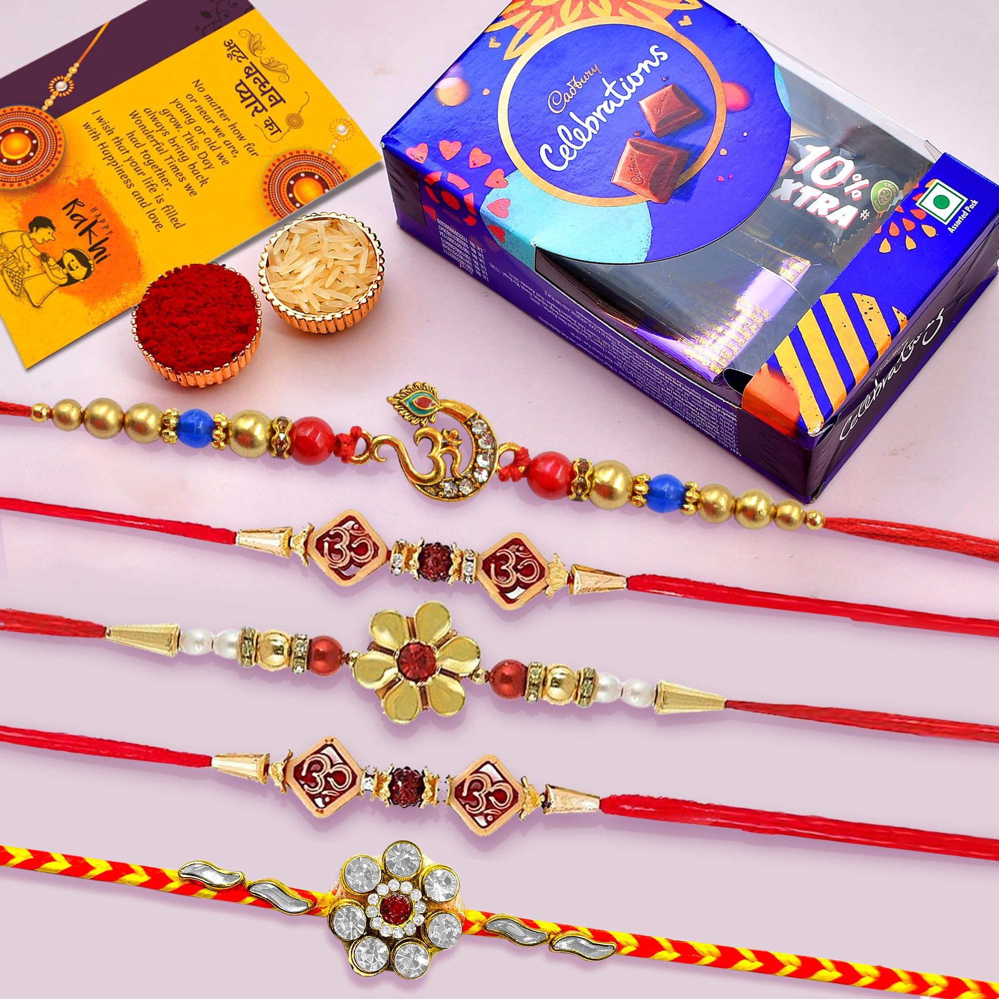craftvatika Rakhi Set of 5 with Chocolate | Rakhi for Brother Combo with Gift, Rakhi Gift for Brother Rakhi with Chocolate For Bhai Bhabhi Kids, Rakshabandhan Gifts for Brother with Rakhi Rakhi Set of 5 with Greeting Card, Tilak Set-picture-17