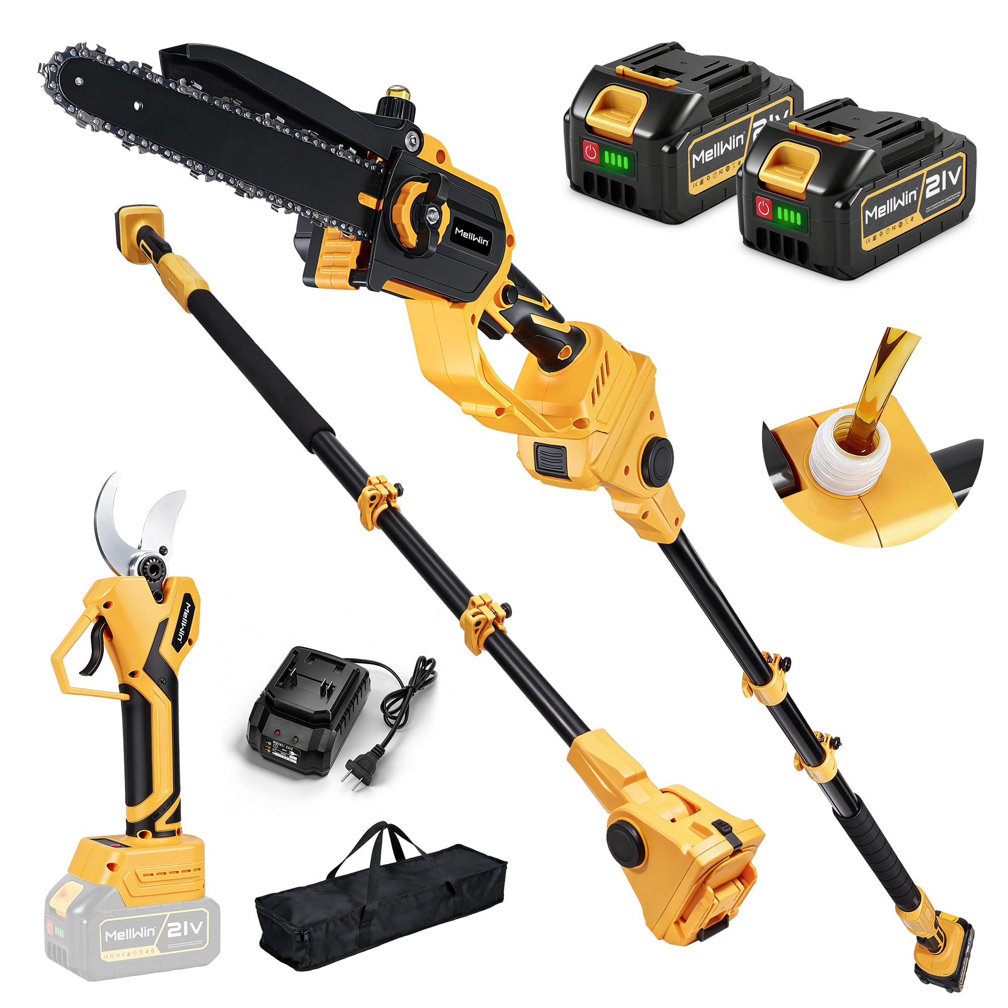 4 in 1 Kettensäge mit Teleskopstange,Elektrische Astschere,8 Zoll Akku gartengeräte und 40mm Gartenschere 180-Grad,30 ml Öltank,bürstenlos Motor Gartenwerkzeug 2,3M (2 * 4000mAh Batterien) | 2 * 4000mAh Batterien