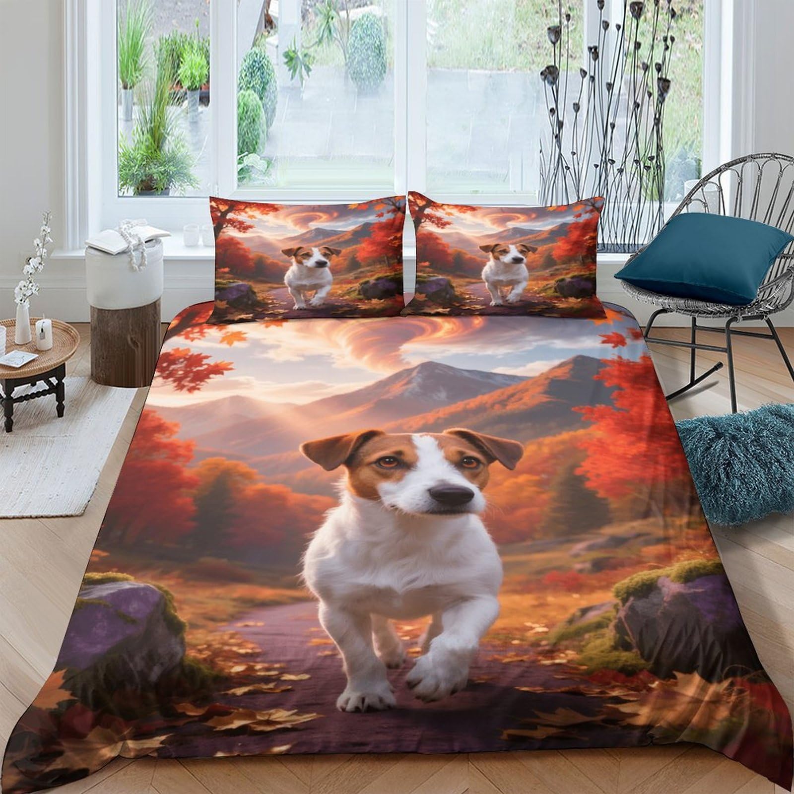 EMYXPAQM Jack Russell Terrier Duvet Cover Set 3D Autumn Valley Print Bedding Set Soft Polyester Duvet Cover with Zipper & Pillowcase for Kids Adults Double（200x200cm）