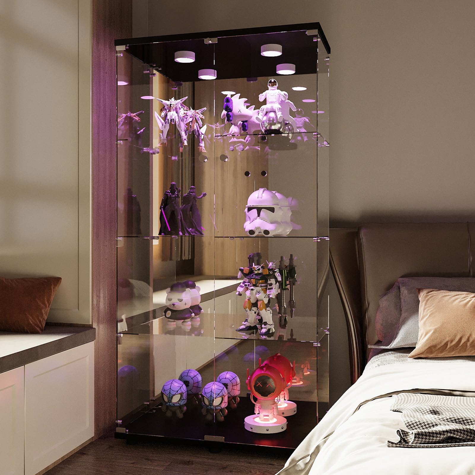 Vetrina in vetro con illuminazione a LED, 4 livelli con 2 ante e serratura, vetrina espositiva per collezionismo antipolvere, vetrinetta espositiva per soggiorno, camera da letto, ufficio