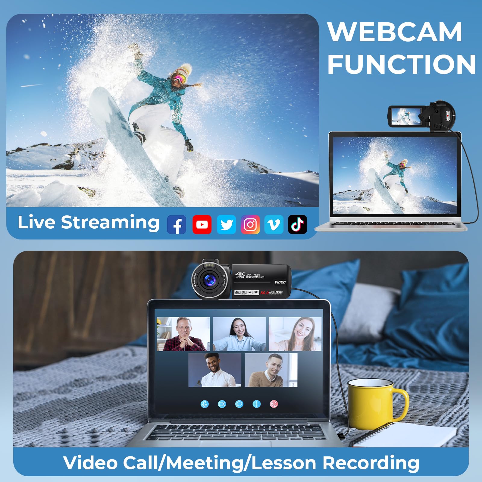 Videocamera 4K Ultra 80MP Videocamera 18X Zoom Digitale 3.0 IPS Video Recorder Videoregistratore per YouTube IR Night Vision Camera con 32GB SD Card, 2 Batterie, Telecomando e Microfono