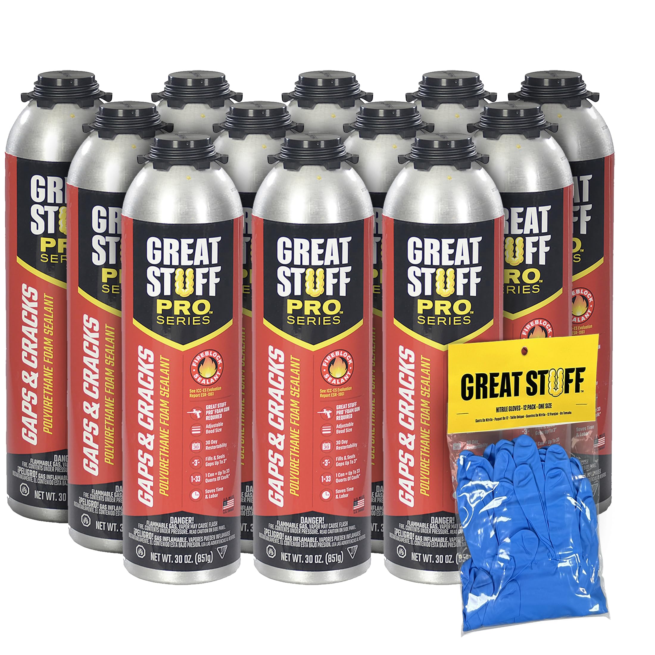 Great Stuff Pro Gaps & Cracks Fireblock Foam Sealant - Expanding, Closed Cell, Includes Gloves - 30 oz, 12 Pack