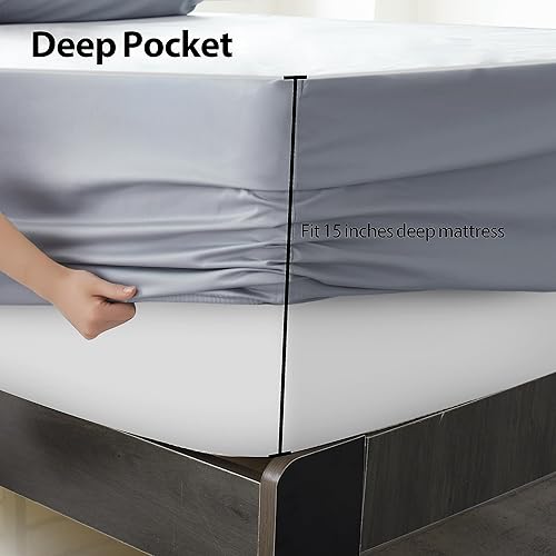Miniatura 6 de Sábana bajera de algodón egipcio, 400 hilos, 16 pulgadas de profundidad de bolsillo profundo, sábana bajera ajustable (gris, Queen)