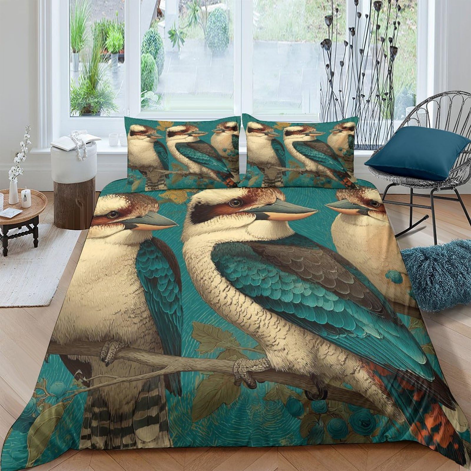 Ctjqhvkz Style-5 3D Printed Kookaburra Birds Fitted Sheet Microfiber Soft Teal Artistic Bed Cover Bedroom Decor Mattress Protection Single（135X200cm）