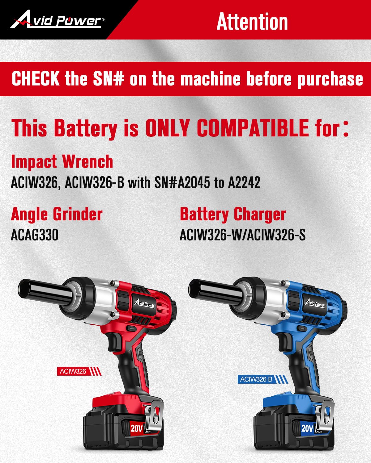 AVID POWER 3.0A Battery, 2022 Version, Only Compatible Impact Wrench ACIW326, ACIW326-B (SN# A2045 - A2242, Check The Machine) and Angle Grinder ACAG330, NOT for Inflator or Drill