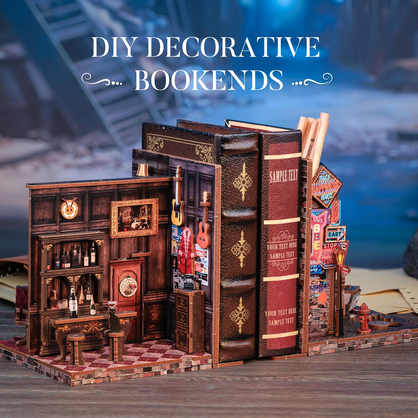 Cutefun Book Nook Kit - Buchstütze,DIY Miniatur Puppenhaus Buchstützen Bibliothek Häuser Modellbausätze mit LED Leuchten Bücherregal Dekor,Farewell to The Night(IBN02)