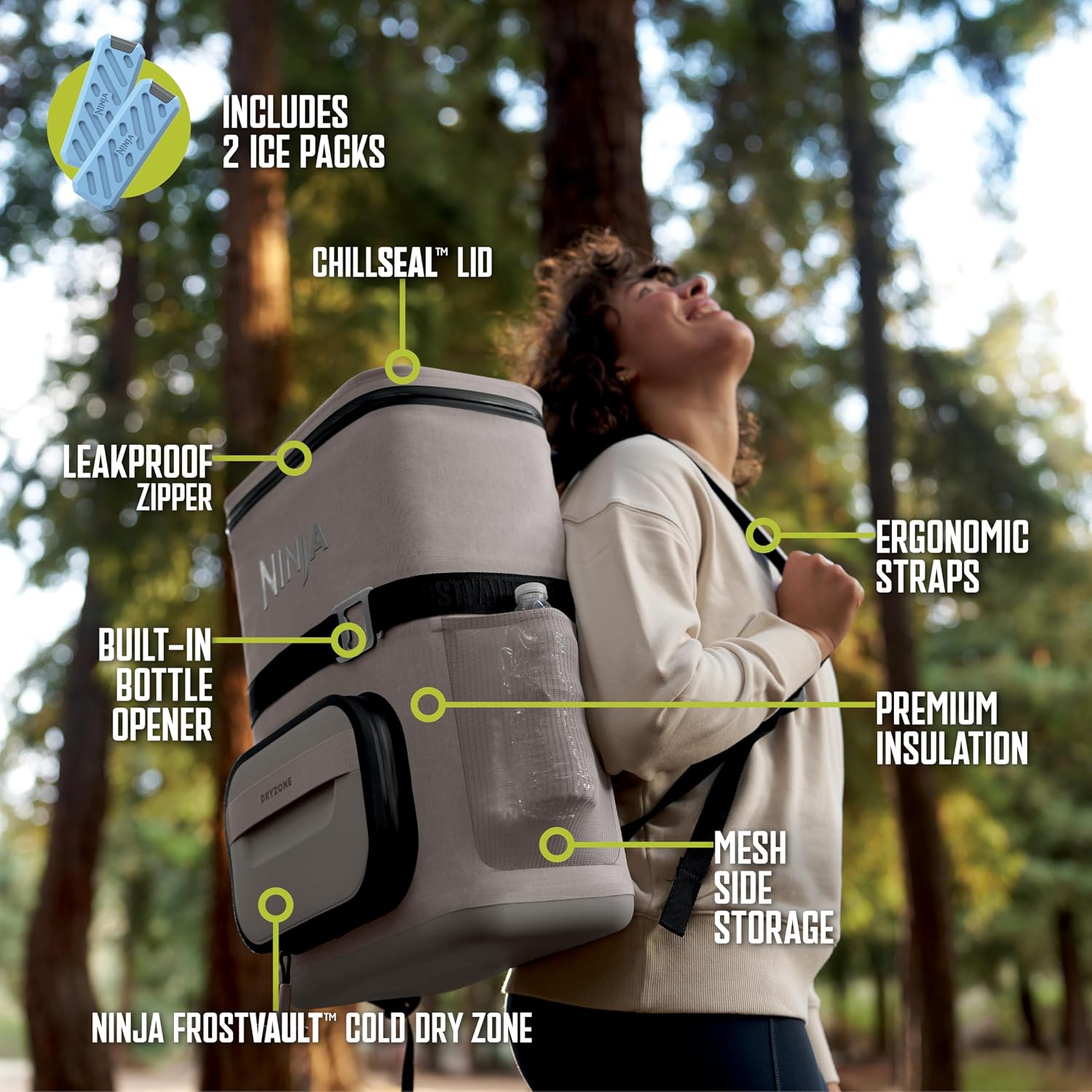Ninja | Backpack Cooler | FrostVault Go 24 Can Soft Cooler | Leakproof Zipper with Built in Can Opener, 2 Ice Packs & Dry Storage Drawer | for Hiking, Camping & More | Birch Beige | FF124CS thumbnail