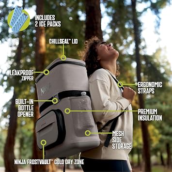 Ninja | Backpack Cooler | FrostVault Go 24 Can Soft Cooler | Leakproof Zipper with Built in Can Opener, 2 Ice Packs & Dry Storage Drawer | for Hiking, Camping & More | Birch Beige | FF124CS