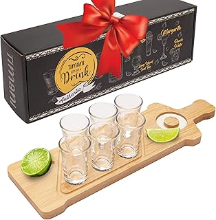Tequila Shot Board Set - Serving Tray with 6 Glasses, Lemon Space, Salt Rimmer - 1.5 Oz Shots Holder for Margarita, Liquor, Party