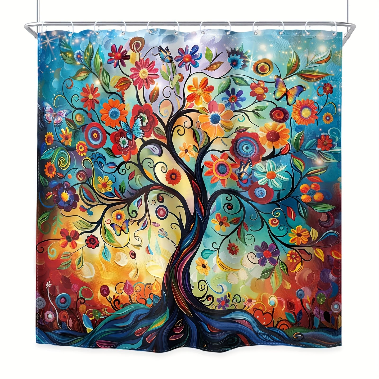 1 pièce 180x220CM Arbre de Vie Abstrait imprimé Rideau de Douche avec Crochets, en Polyester, pour fenêtres et Murs, Baignoire, Salle de Bain, Lavable en Machine, Toutes Saisons.