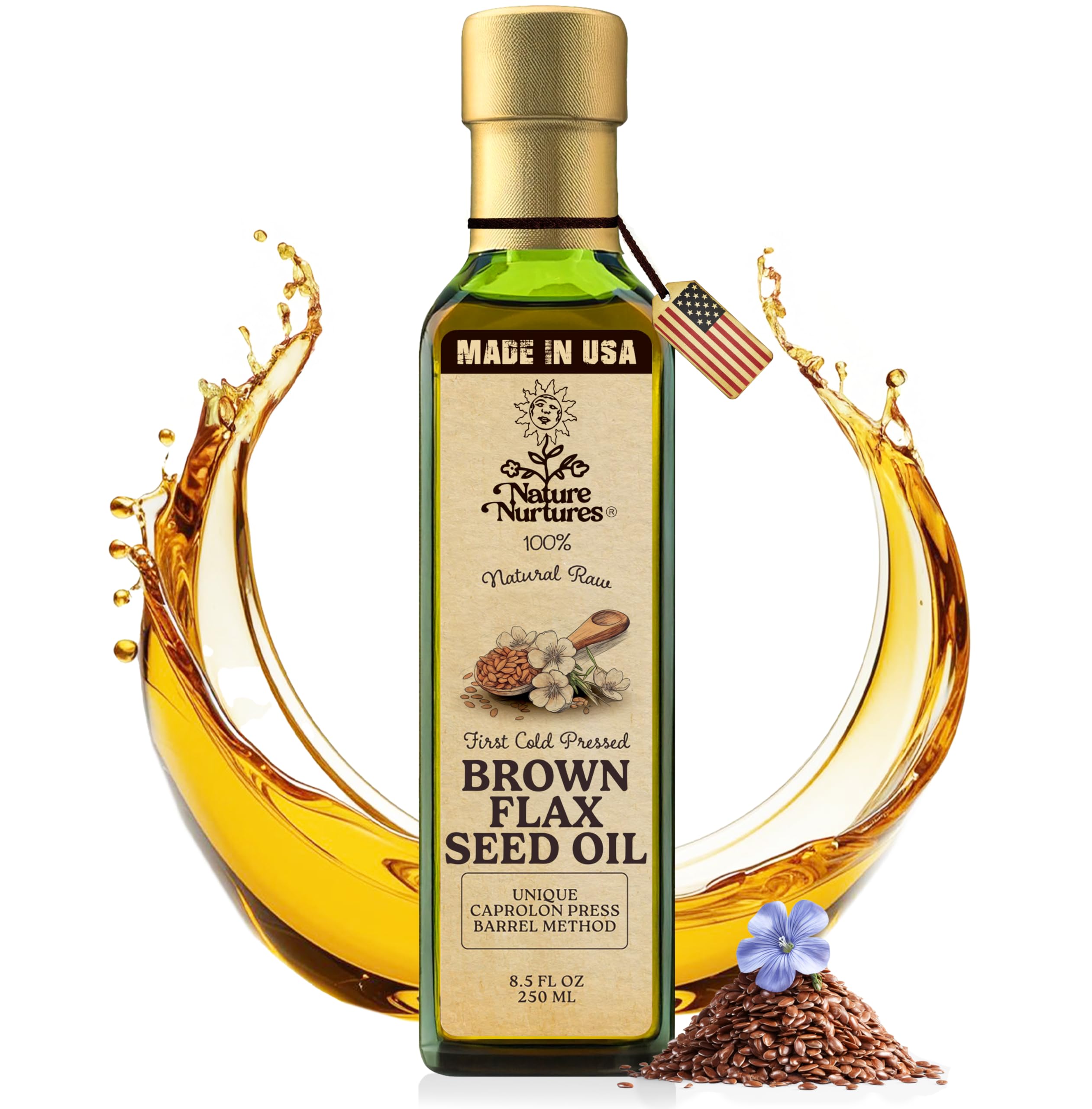 Brown Flaxseed Oil for Daily Drizzles and Gentle Blending · Handcrafted in Seattle USA · Small Batch · Made Without Metal or Wood Contact · Extraction Under 30°C · No Reprocessing · Raw First Cold Pressed · Unrefined · 100% Pure & Natural · 3.38 fl oz (100 ml)