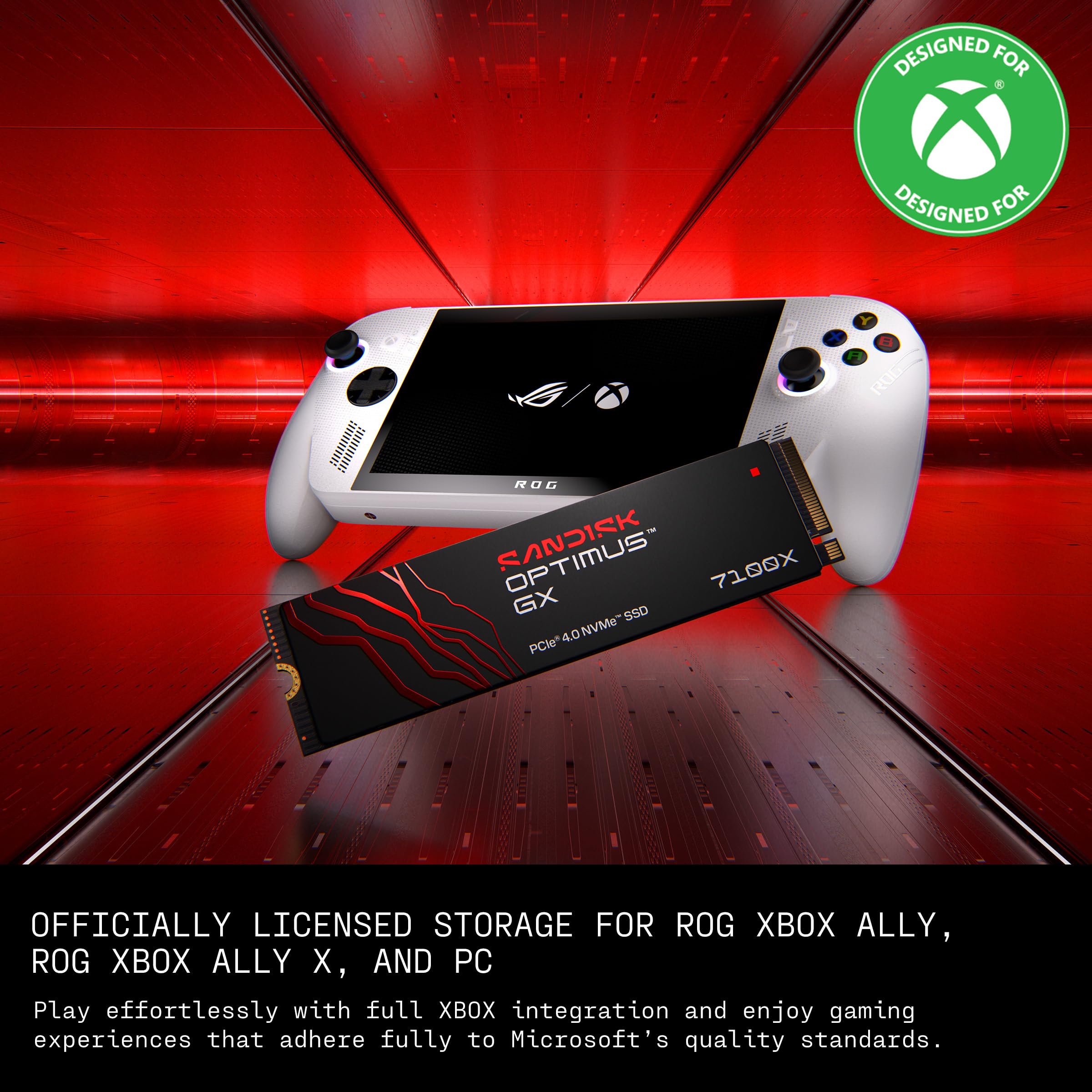 SanDisk Optimus GX 7100X SSD NVMe pour ROG Xbox Ally (X) et PC 4 to (Jusqu’à 7 250 Mo/s/ 6 900 Mo/s en Lecture/écriture, sous Licence Officielle Xbox, PCIe 4.0 x4 M.2) 1 Mois Xbox Game Pass Ultimate