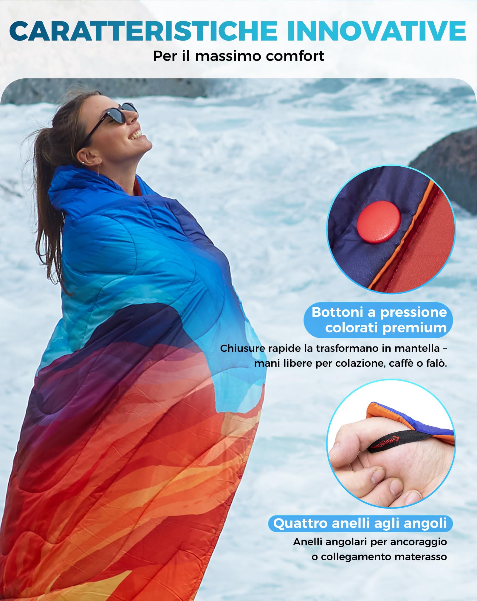 KingCamp Coperta da Campeggio Ultraleggera e Impermeabile,200 x 145 cm,Indossabili,Coperta Termica da Viaggio Ripiegabile per Picnic all'aperto,Spiaggia,Escursionismo,Auto,Interni,Colori Dipinti