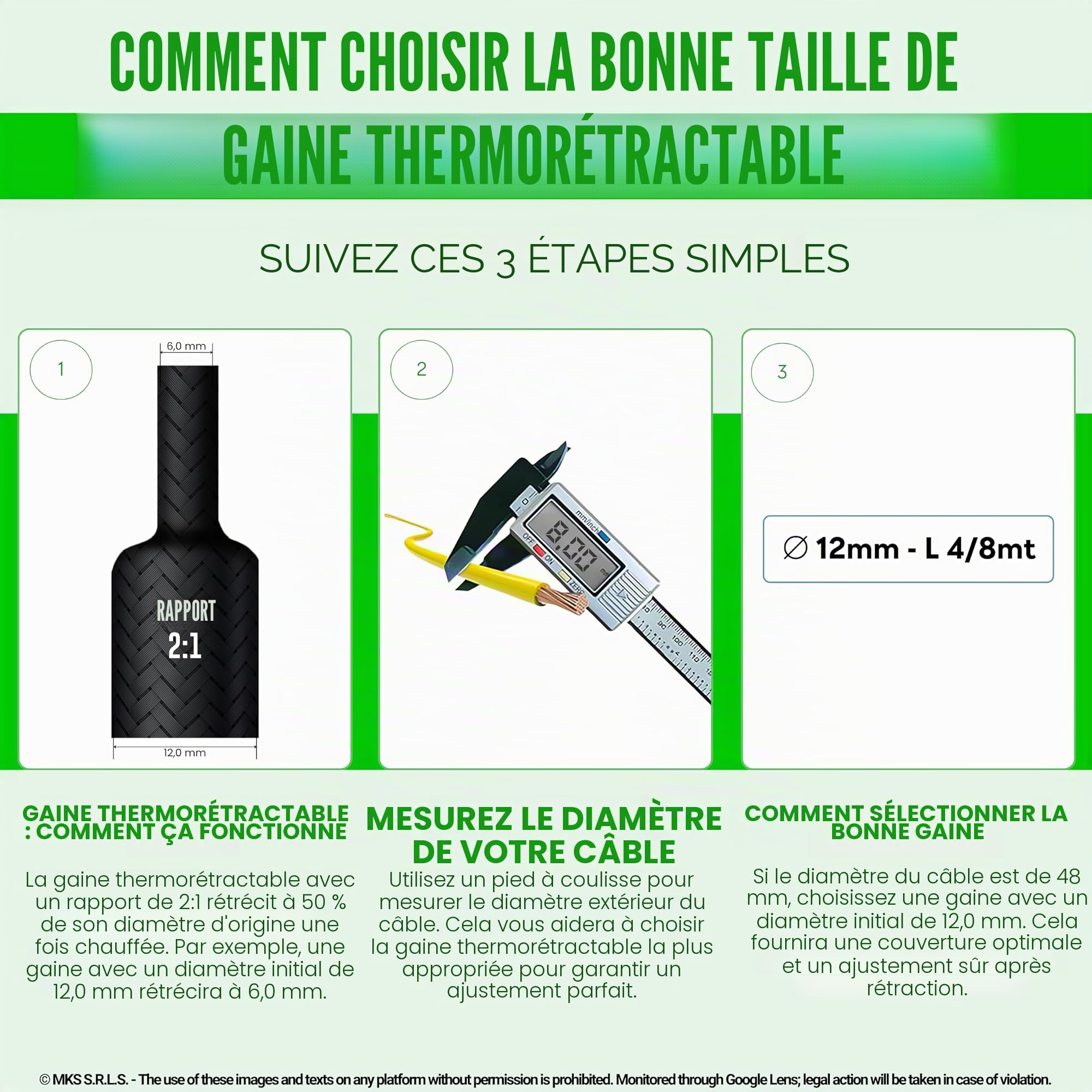Gaine Thermo-Rétractable Tressée Ø 12mm, L 8m • Protection Avancée pour Câbles • RAPPORT 2:1