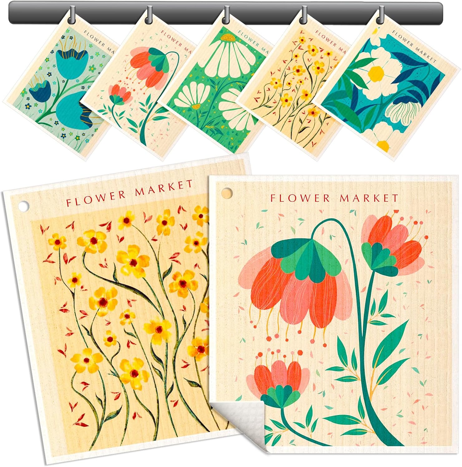 Swedish Dishcloths for Kitchen - 5 Pack Reusable Dish Cloths for Washing Dishes Absorbent Cute Funny Kitchen Towels Cleaning Sponge, Cartoon Flower