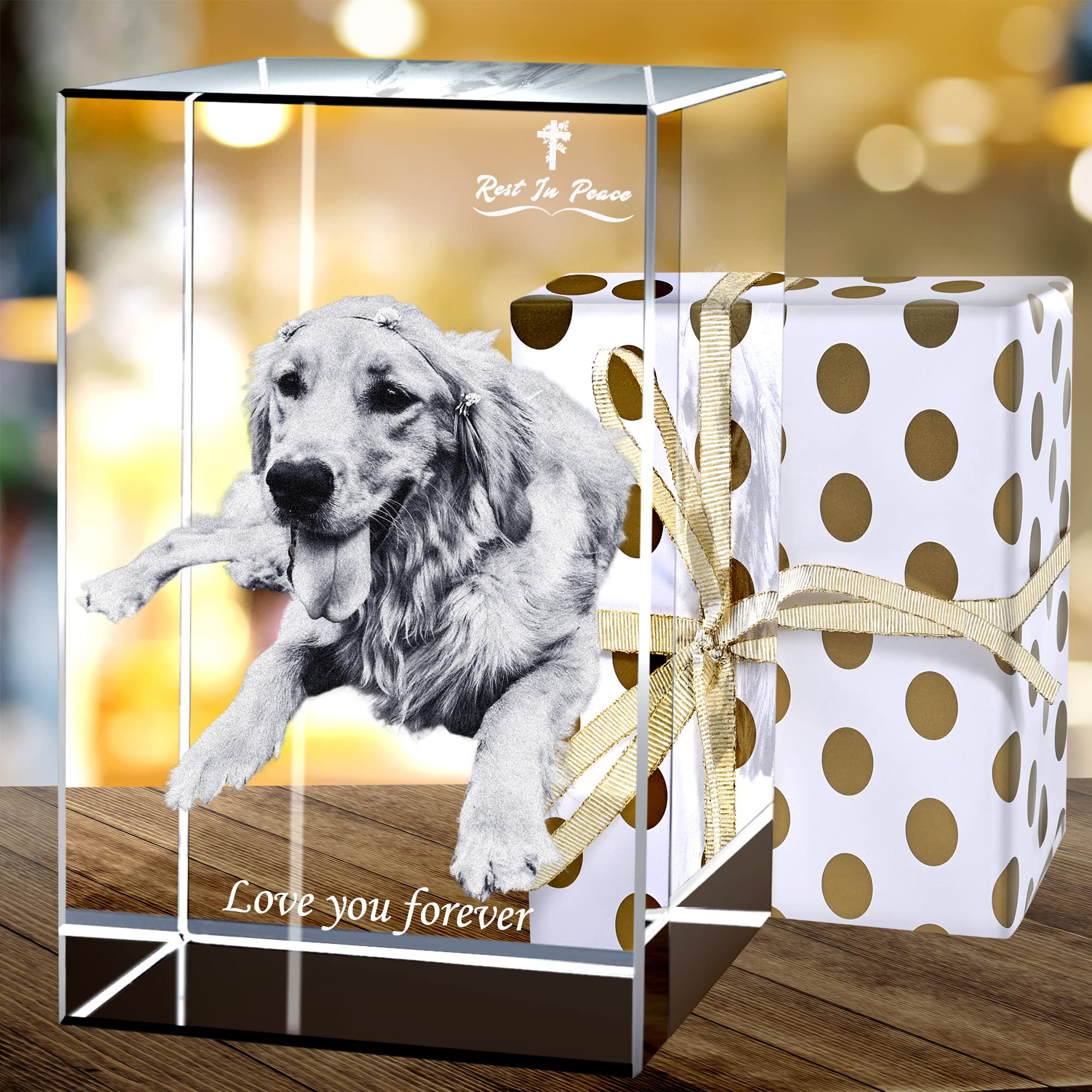 Farfume Personalised Pet 3D Crystal Photo, Customized 3D Picture Cube - Laser Etched Glass Pictures Keepsake Memorial Gifts for Dog/Lover/Parents/Friends(3D Crystal Rectangle 2)