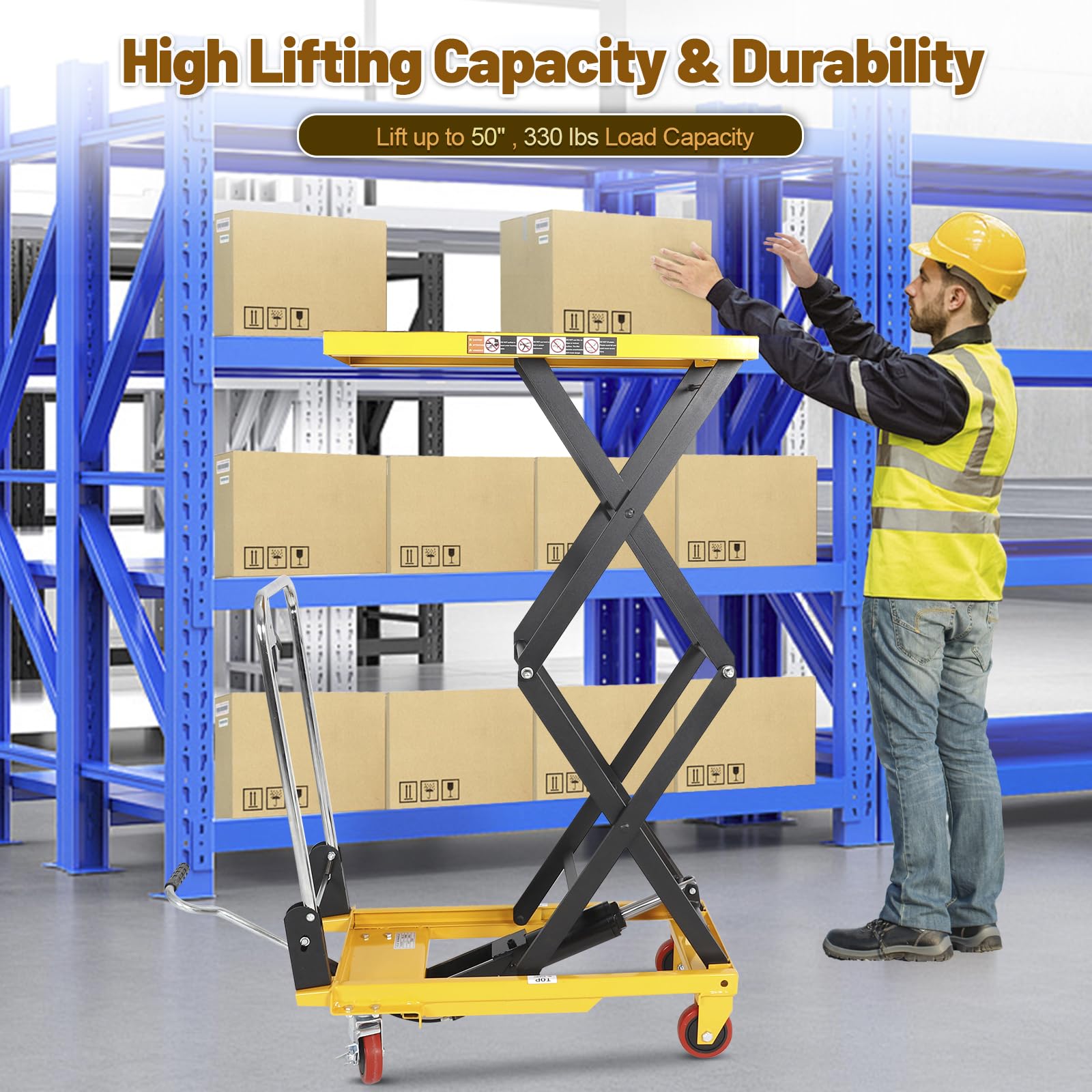 Double Scissor Hydraulic Lift Table Cart with Foldable Handle, 330 lbs Capacity, 11"–50" Lifting Range Manual Hydraulic Lift Cart with Anti-Slip Platform & 4 Wheels for Material Handling