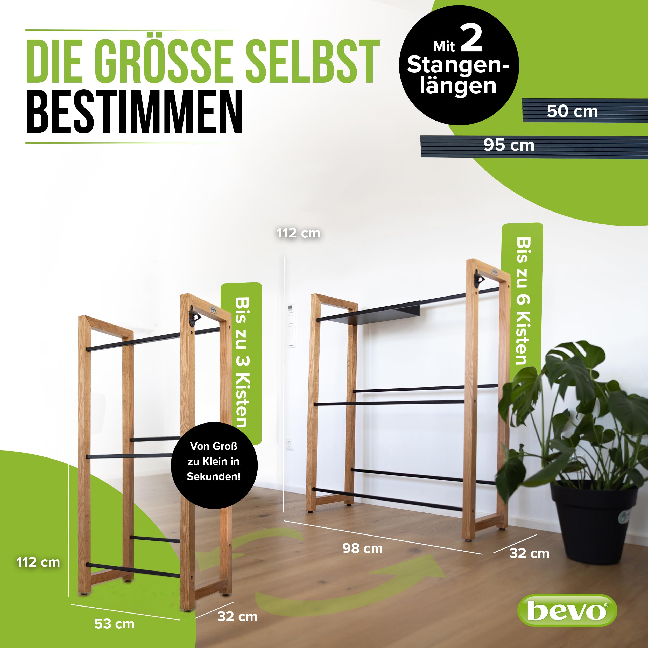 bevo - Getränkekistenregal für 2-6 Kisten aus Eiche Holz inkl. Metall-Ablage - Getränkeregal & Kistenregal mit 2 Stangenlängen (individuell verstellbar) - Getränkekisten Regal für Getränke & Kästen
