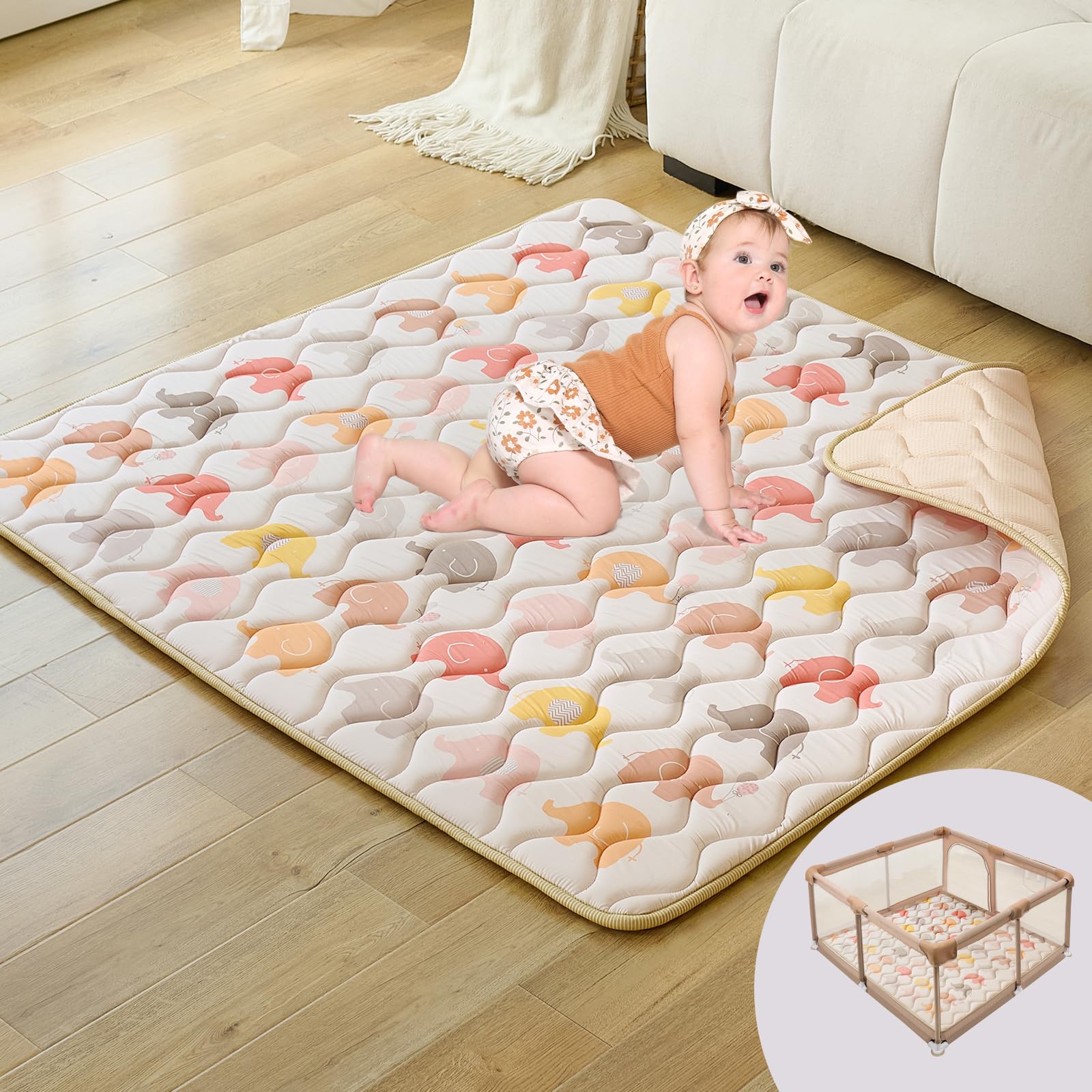 PINNKKU Baby Play Mat, 50x50 Playpen Mat, Thick & Soft Padded Play Mat for Baby and Toddlers, Foldable and Machine Washable Kids Play Mat for Floor Play, Crawling & Tummy Time, Boho Elephant