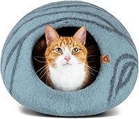 Vista 9 de MEOWFIA Cueva de gato – Cama de fieltro premium para gatos de interior, hecha a mano 100% lana merino, gato (Beige, Mediano)