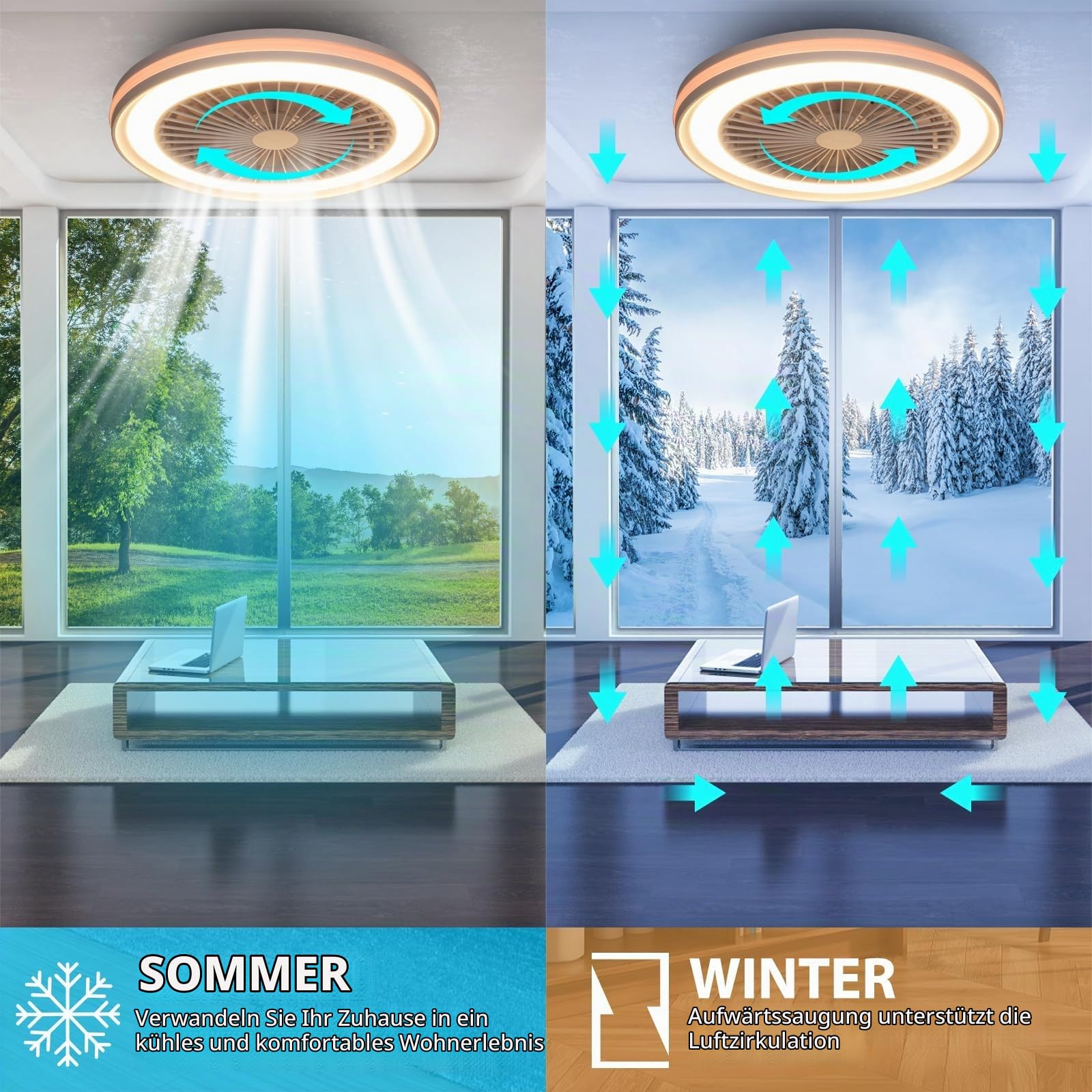 activeallbrite Deckenventilator mit Beleuchtung, 40W LED, RGB 3000K–6500K, einstellbare Windgeschwindigkeit per Fernbedienung, geeignet für 10–13 m² (Küche, Wohnzimmer, Schlafzimmer), Ø47cm