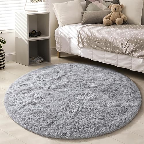 Miniatura 4 de EVOIONOS Alfombra redonda gris para dormitorio, 4 x 4 pies, alfombra circular suave y esponjosa para sala de estar, alfombra circular lanuda de