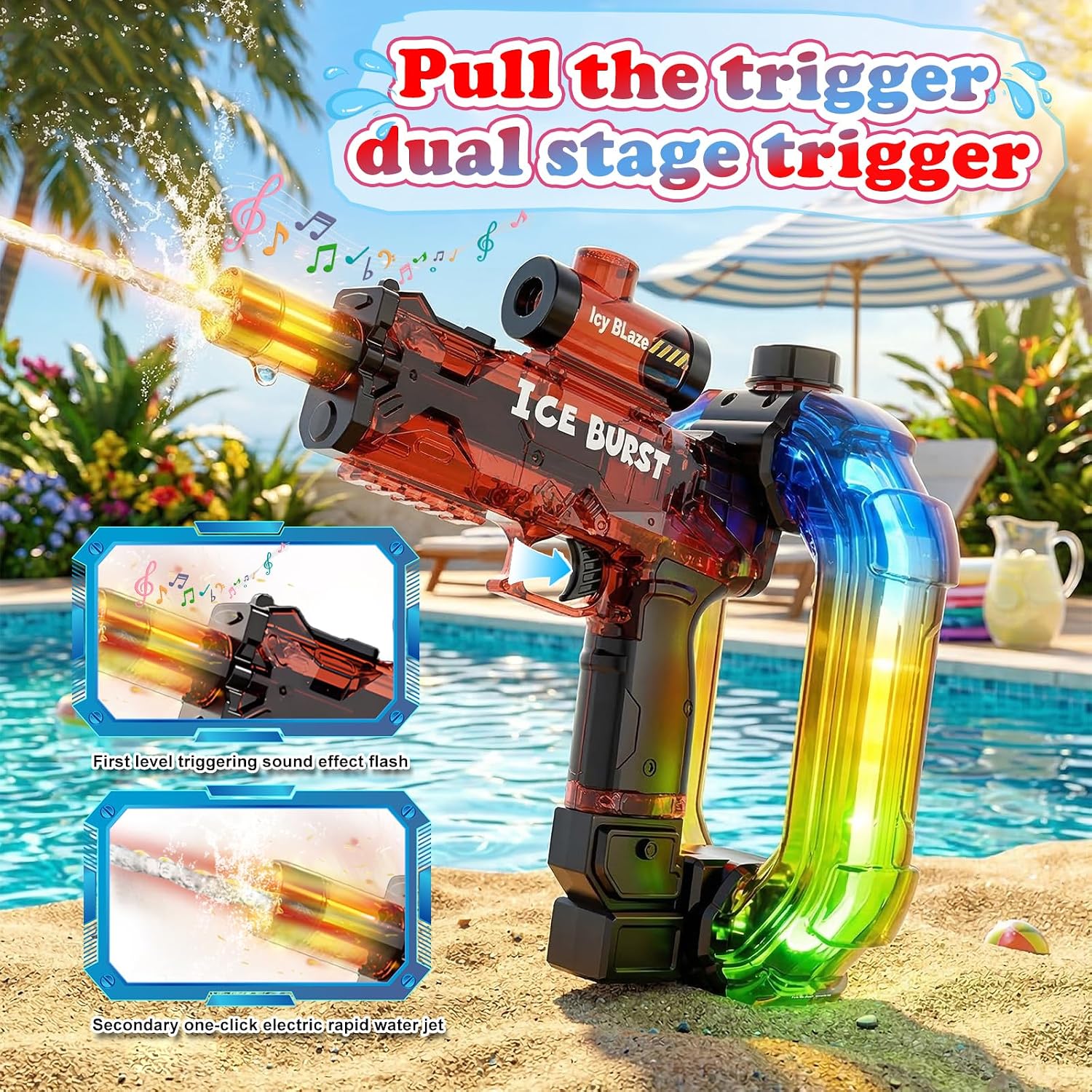 2026 Electric Water Gun for Adults Kids, LED & Music Automatic Squirt Water Gun Summer Outdoor Beach Pool Toys for Boys 8+, Powerful Water Pistol Party Family Backyard Game Gifts, Ring Red